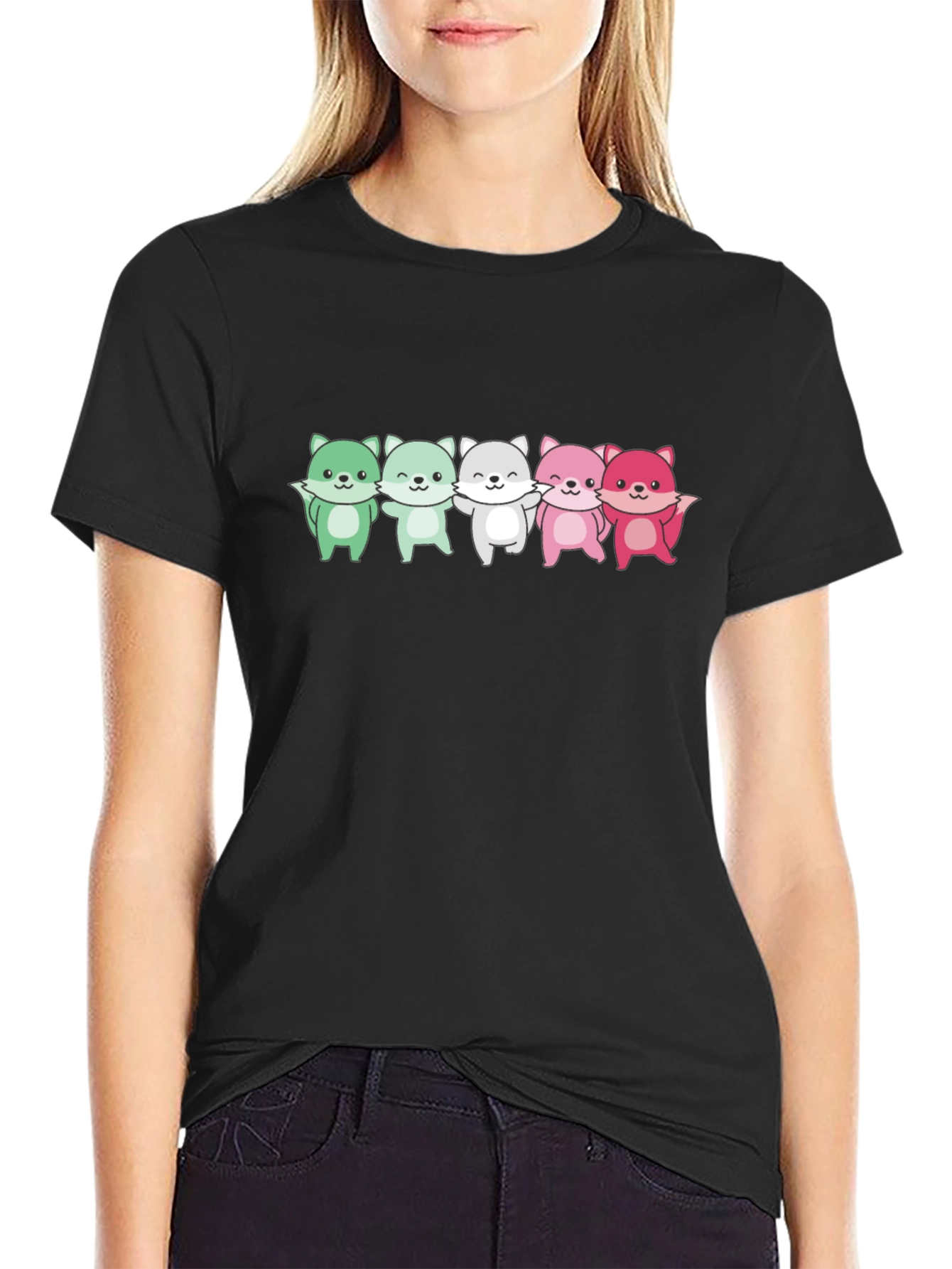 Black Cute Cartoon Foxes Black T-Shirt view 2