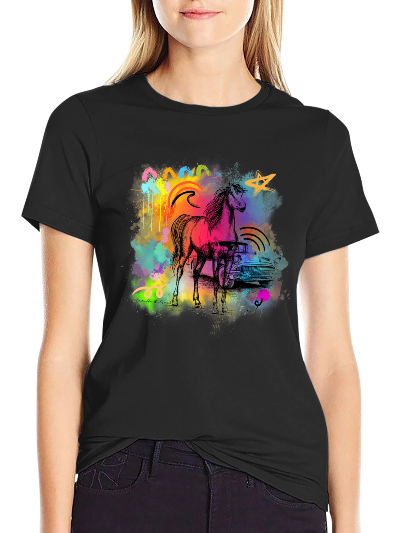 Black Vibrant Horse & Car Graphic Print Black T-Shirt view 2