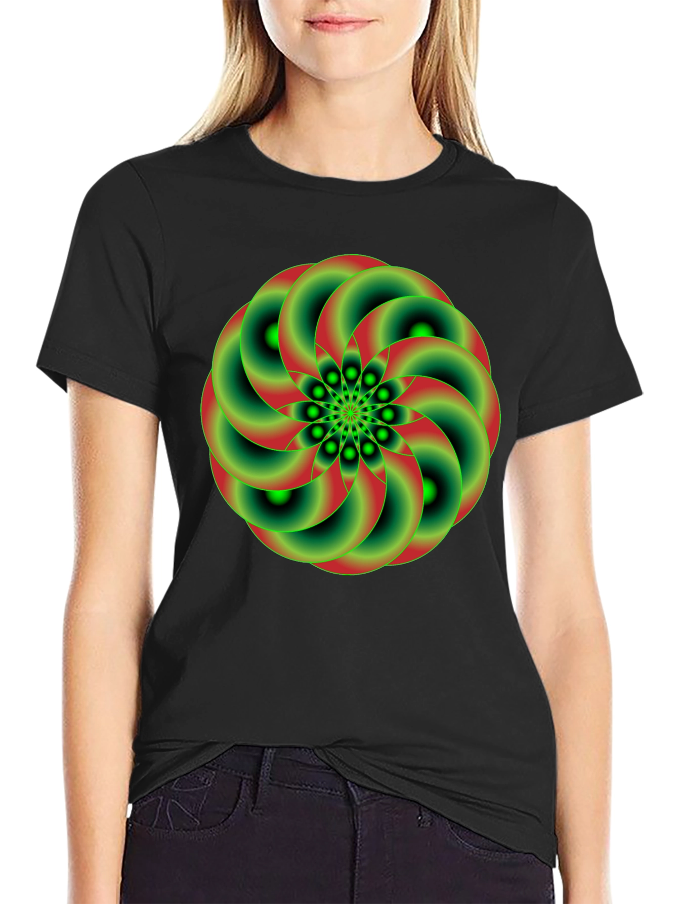 Black Geometric Green & Red Swirl Graphic Tee view 2