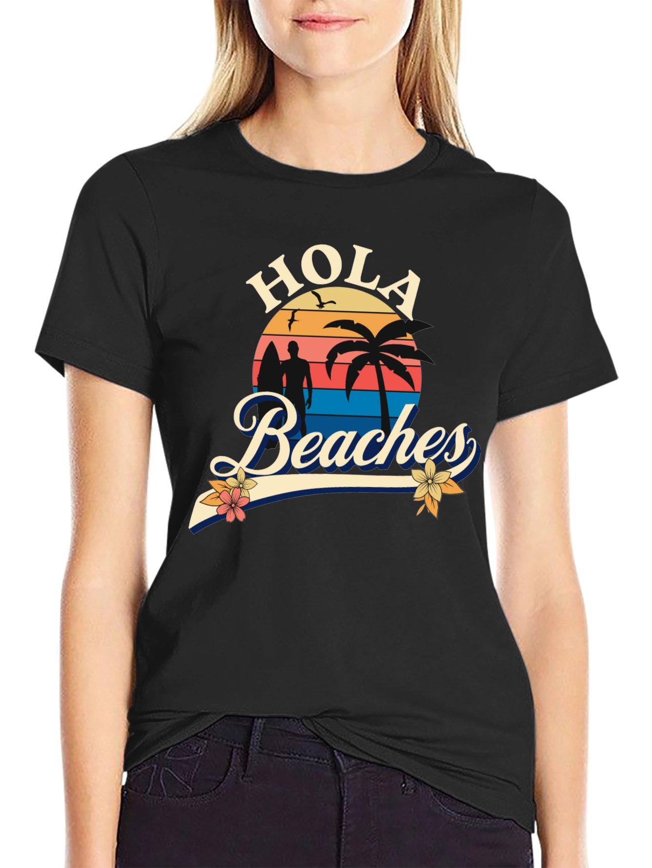 Black Hola Beaches T-Shirt - Sunset Beach Design view 2