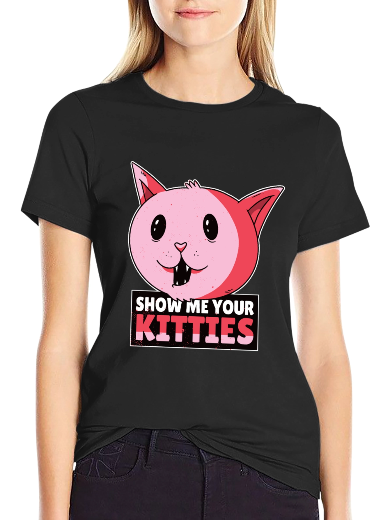Black Show Me Your Kitties Funny Cat T-Shirt view 2