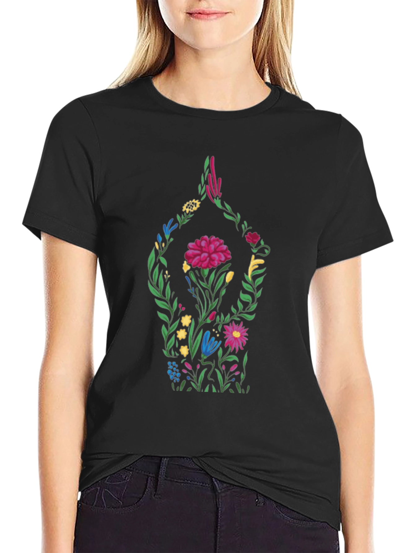 Black Floral Yoga Pose Black T-Shirt view 2