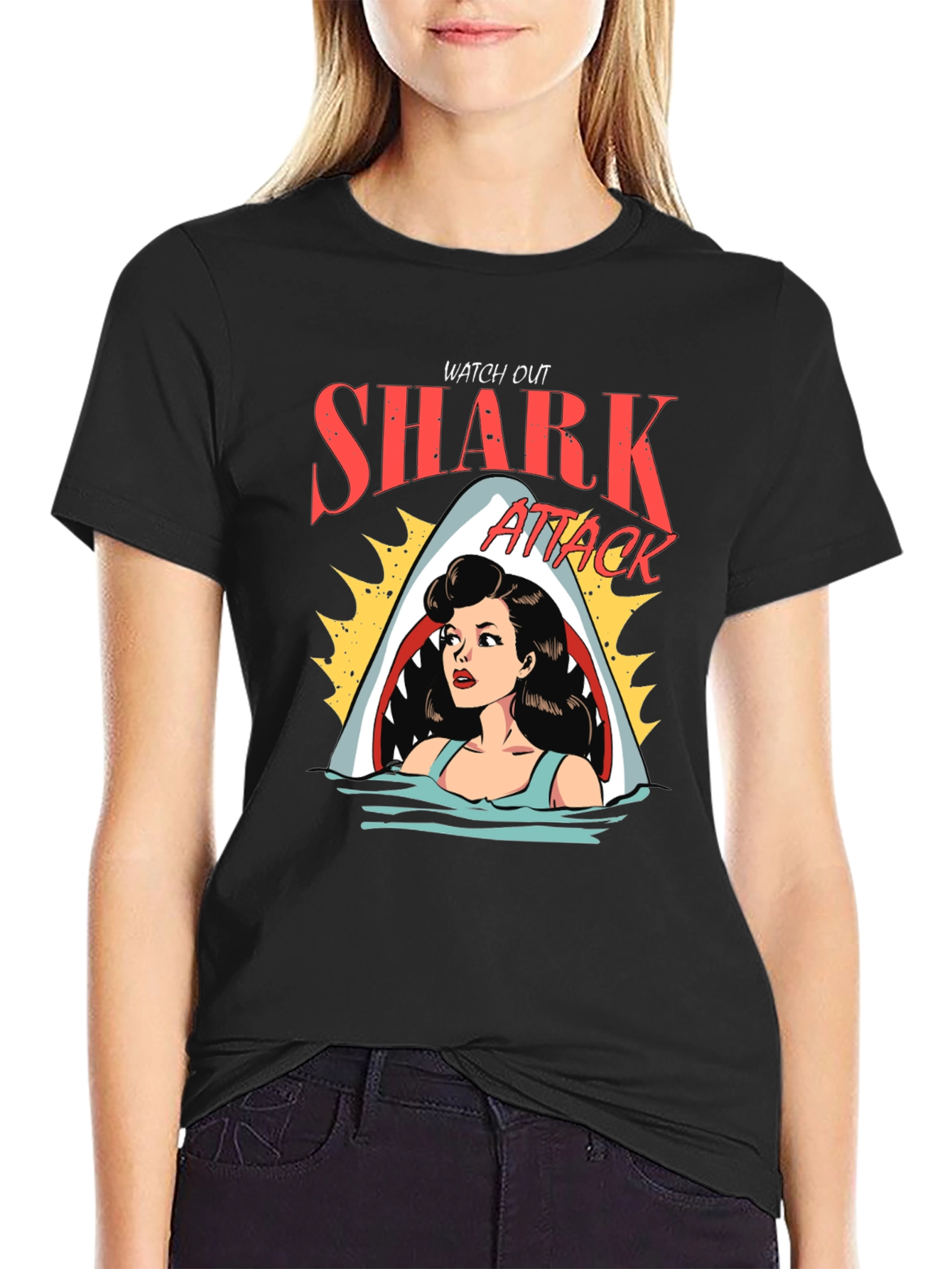 Black Shark Attack Cartoon Graphic Black T-Shirt view 2