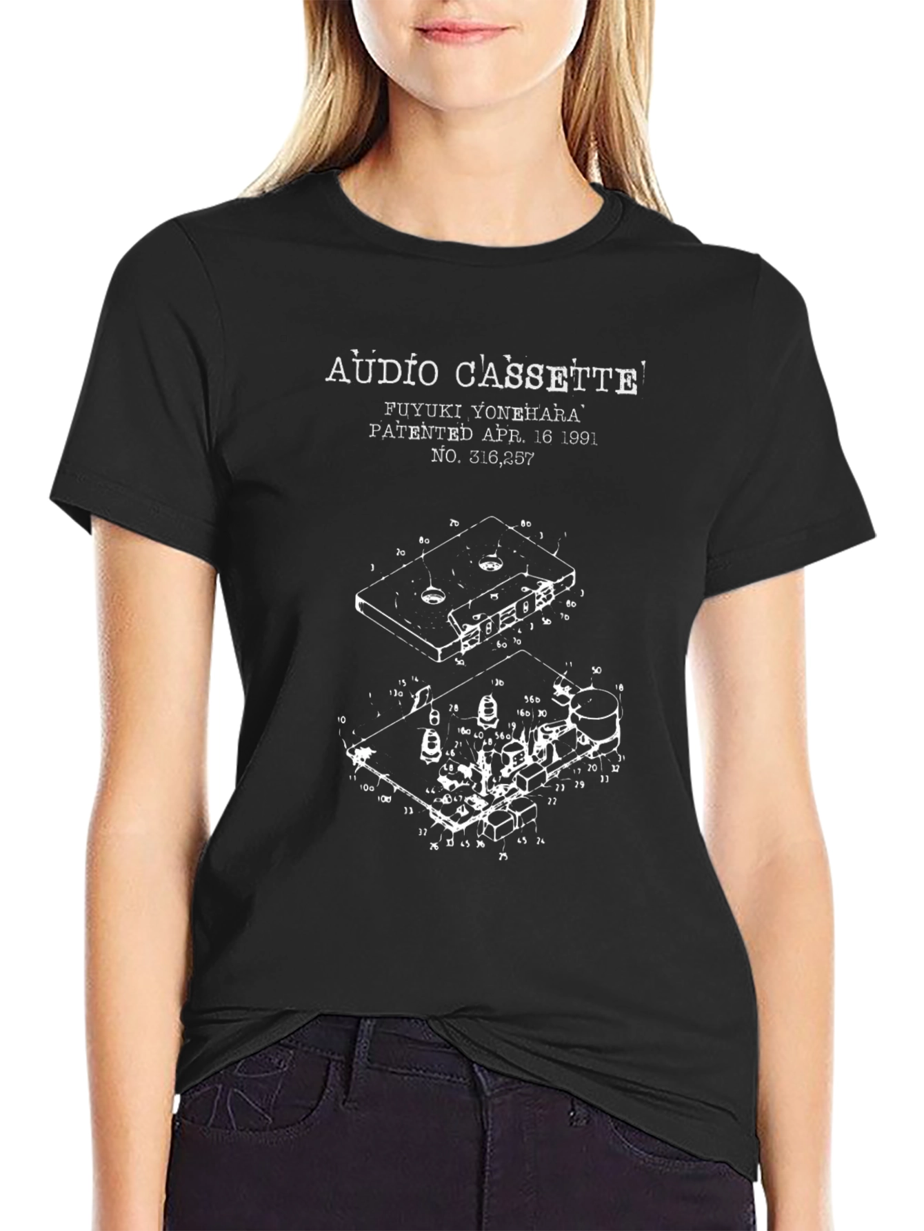 Black Audio Cassette Patent Print Black T-Shirt view 2
