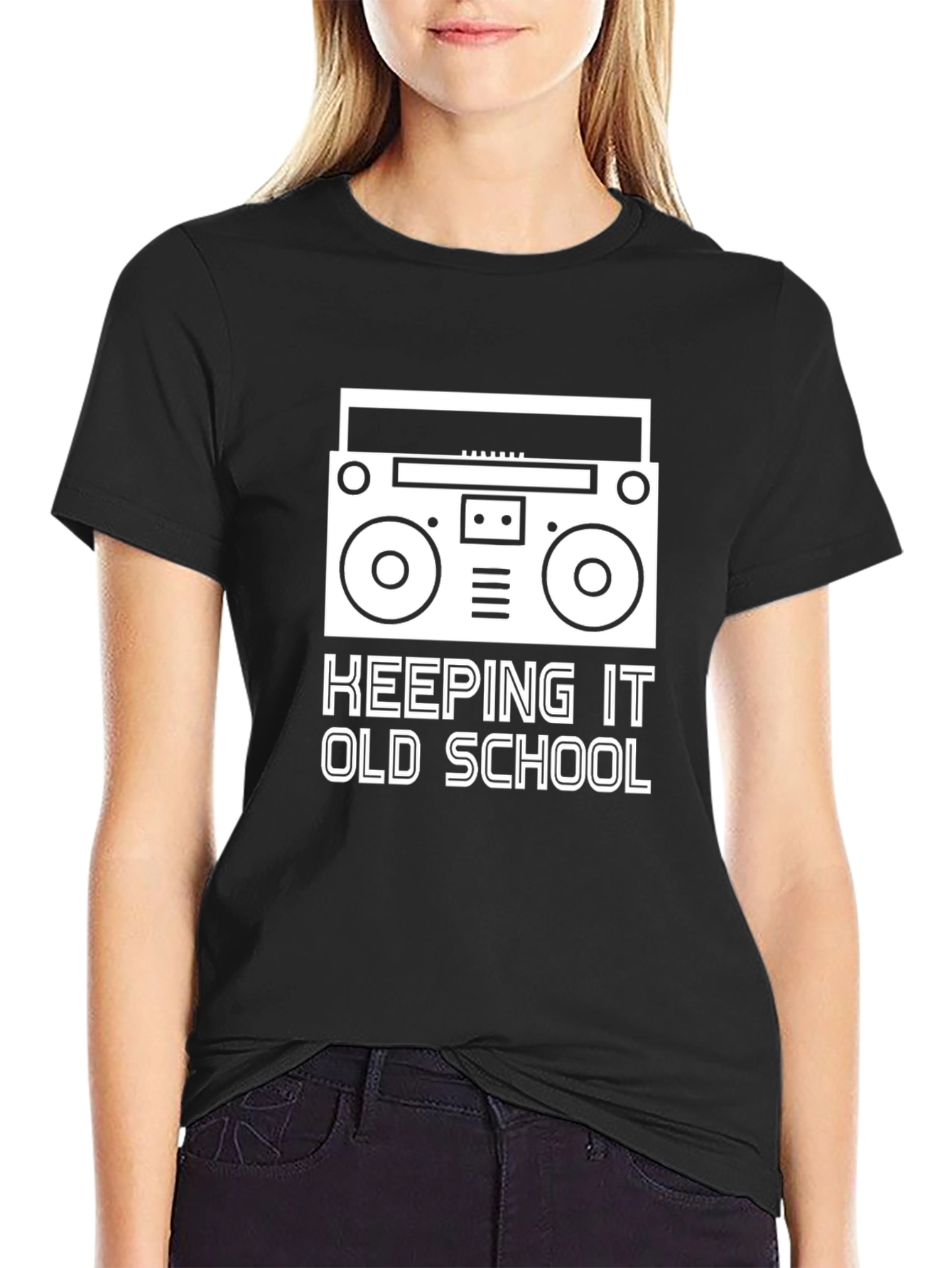 Black Keeping It Old School T-Shirt - Retro Boombox Design view 2