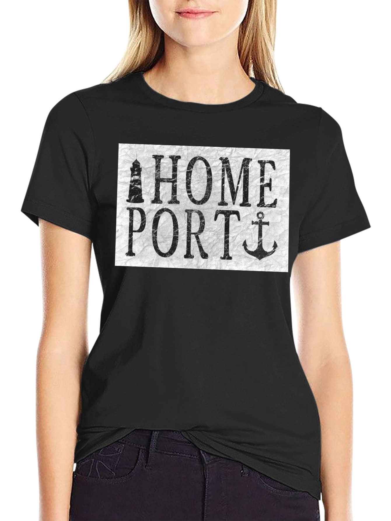 Black Home Port Graphic Tee - Nautical Anchor Lighthouse Shirt view 2