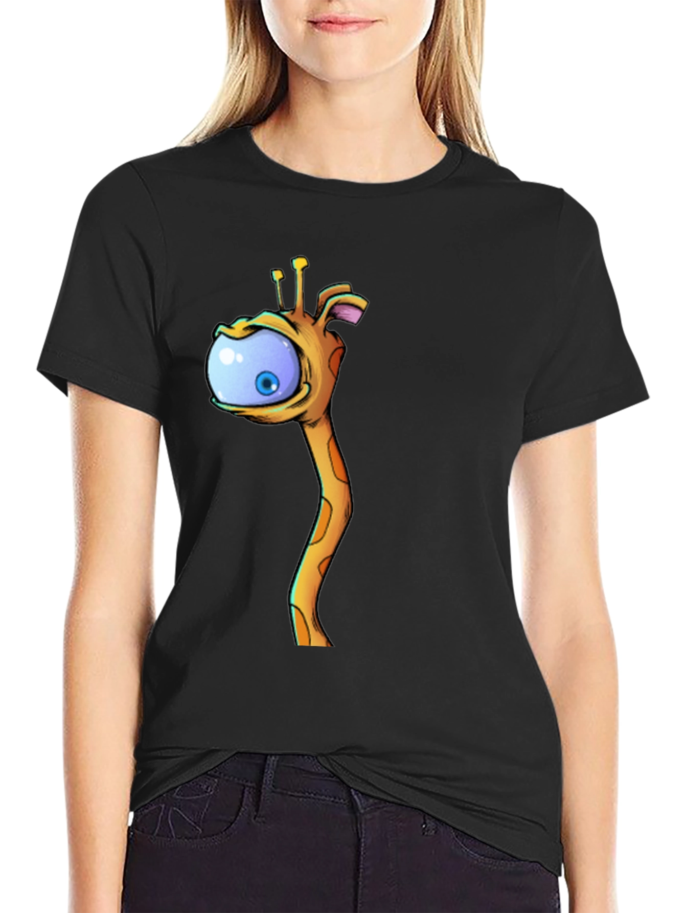 Black Cartoon Giraffe Eye T-Shirt - Black Cotton Tee view 2