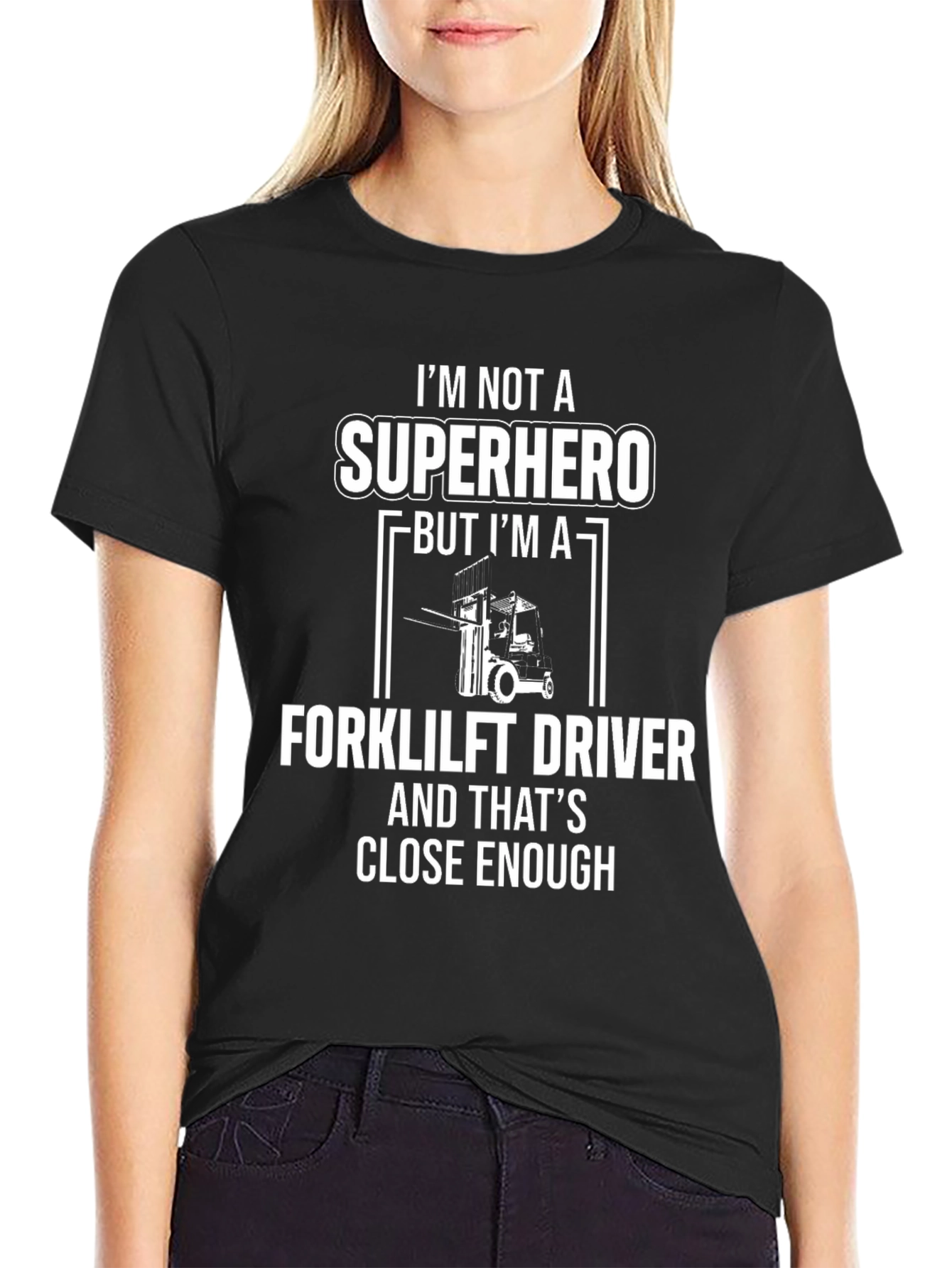 Black Forklift Driver Superhero T-Shirt Funny Gift Tee view 2