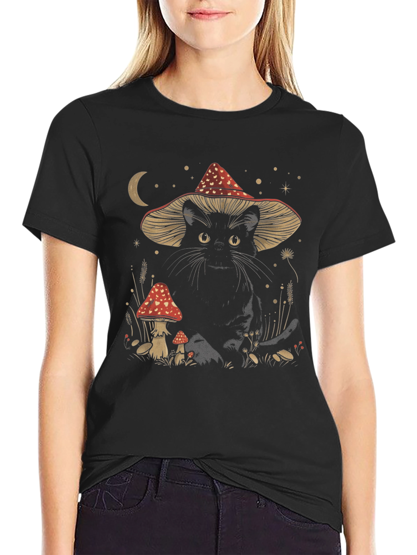 Black Cat in Mushroom Hat T-Shirt - Whimsical Graphic Tee view 2