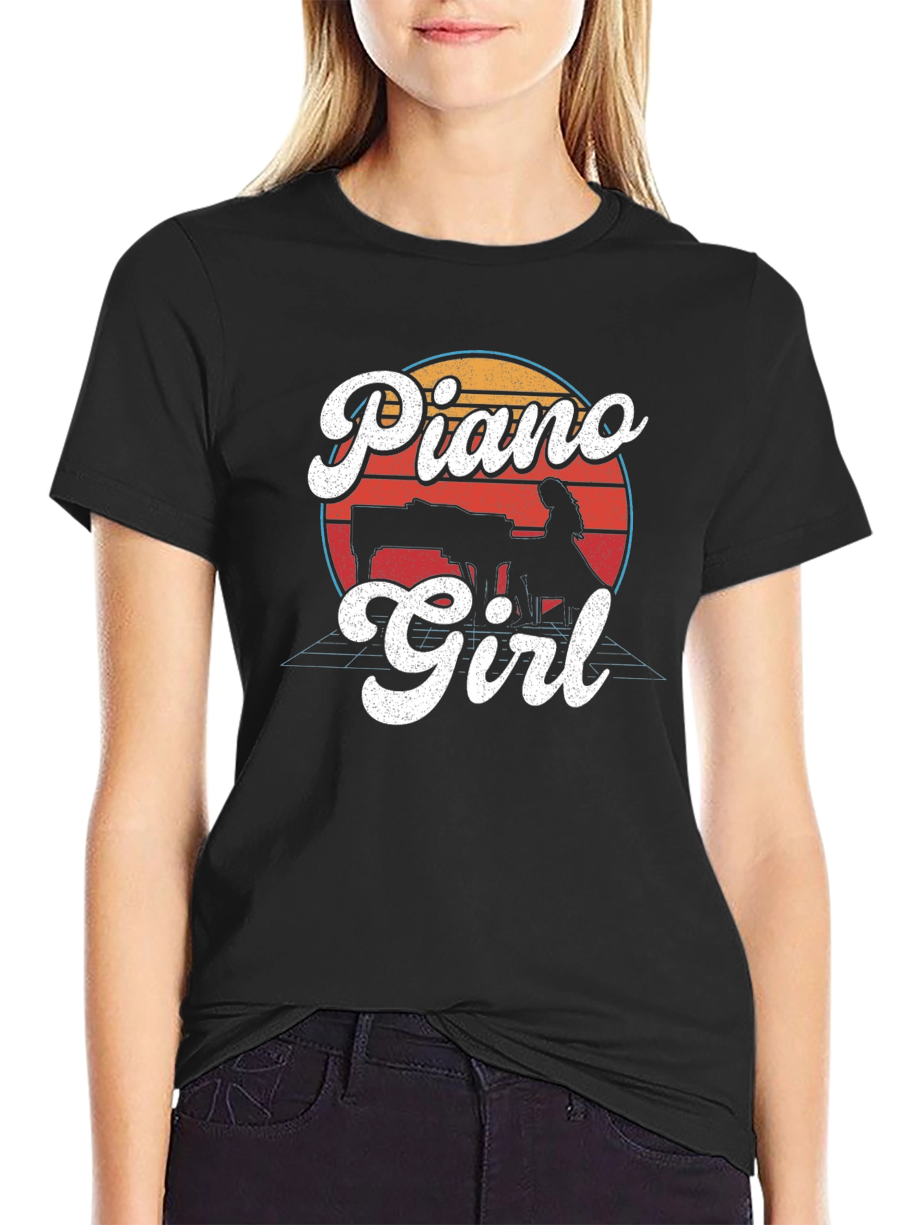 Black Retro Piano Girl Graphic T-Shirt - Black view 2