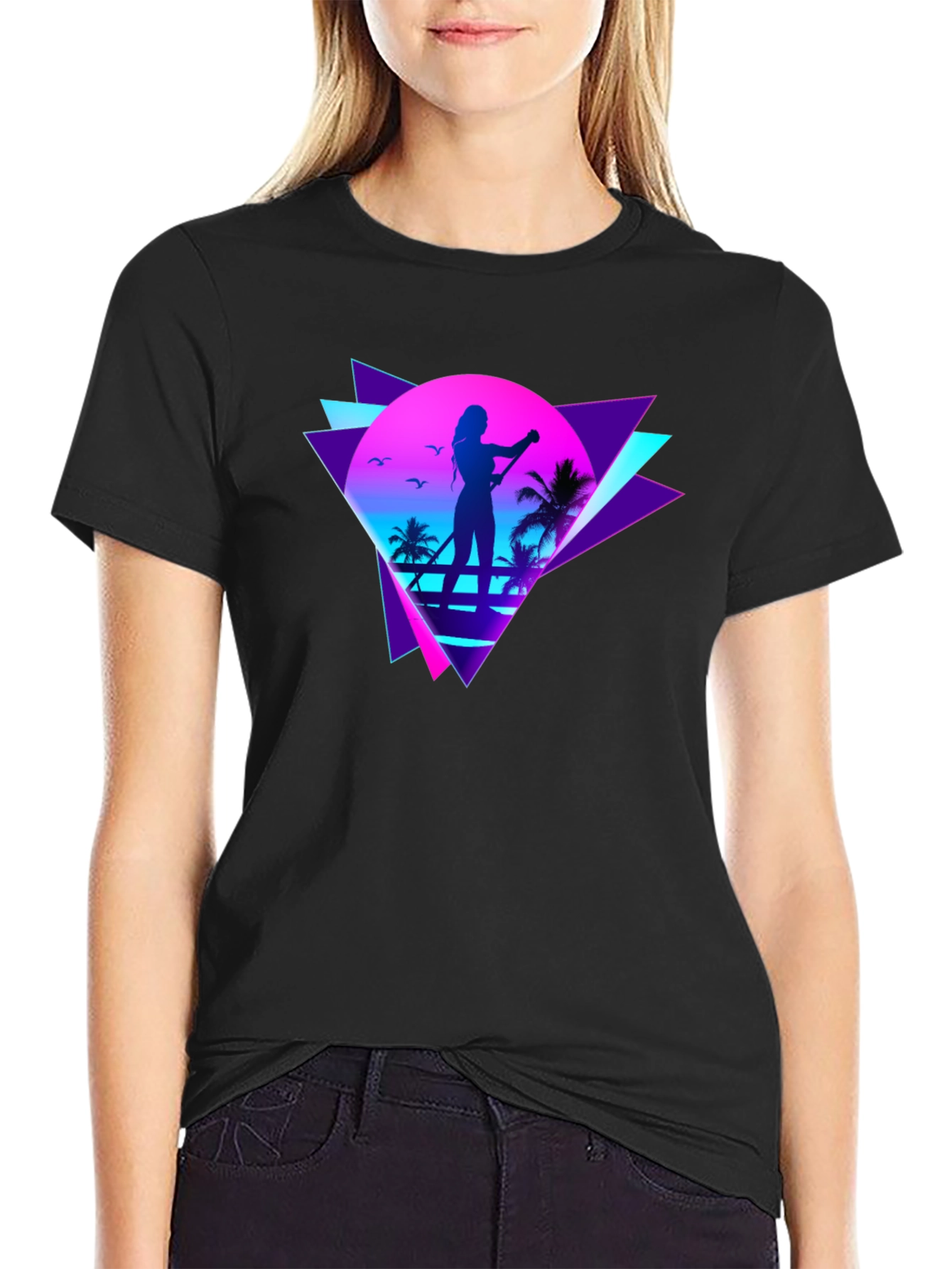 Black Retro Wave Paddleboarder Graphic Tee view 2