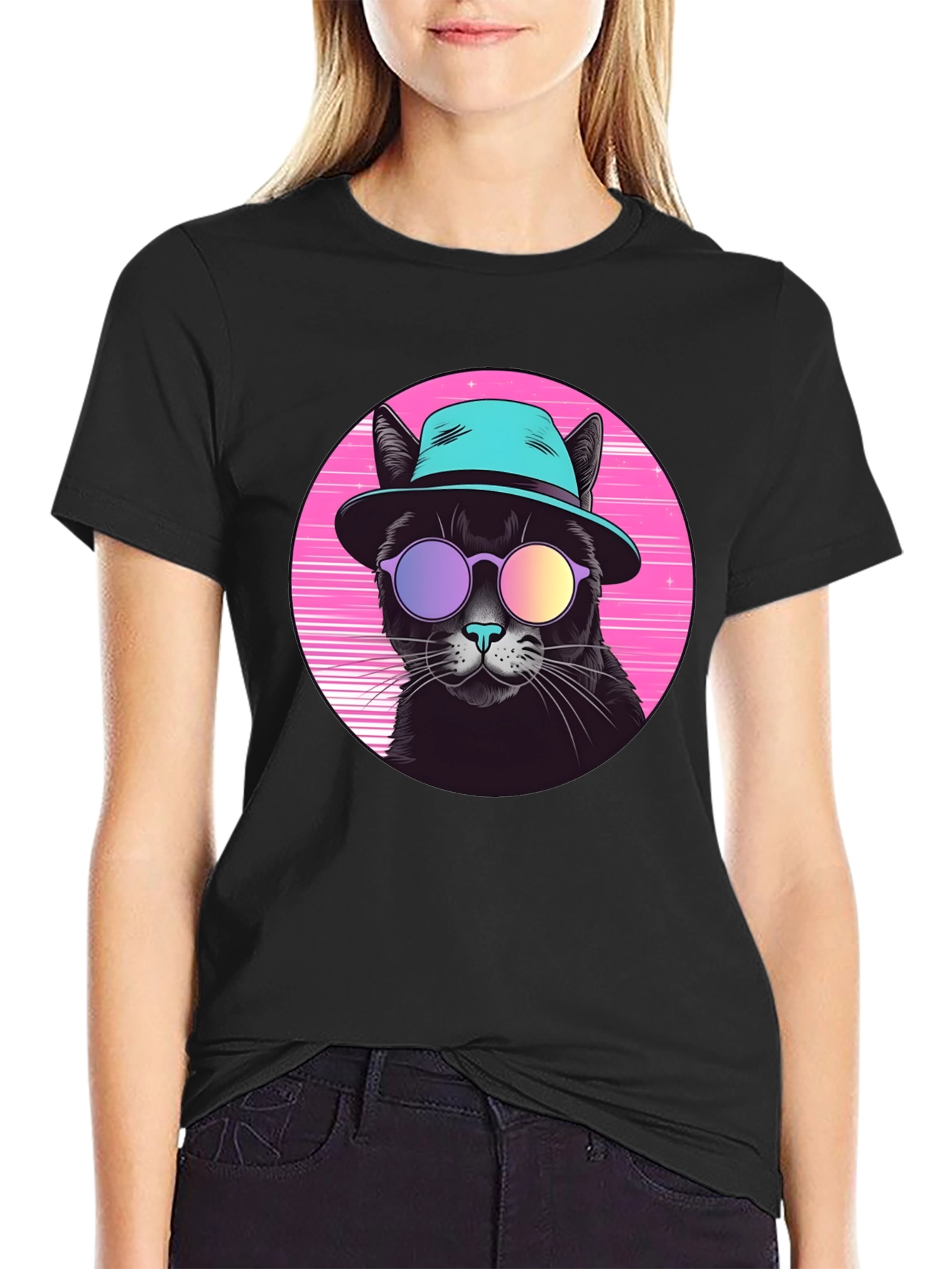 Black Cool Cat Retro T-Shirt view 2