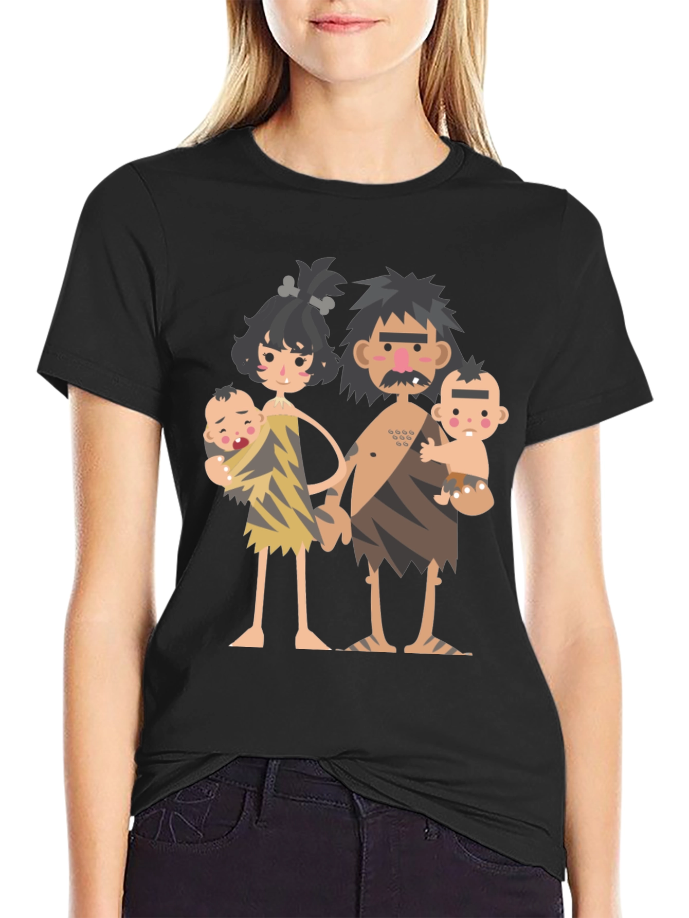 Black Cartoon Caveman Family Graphic T-Shirt view 2