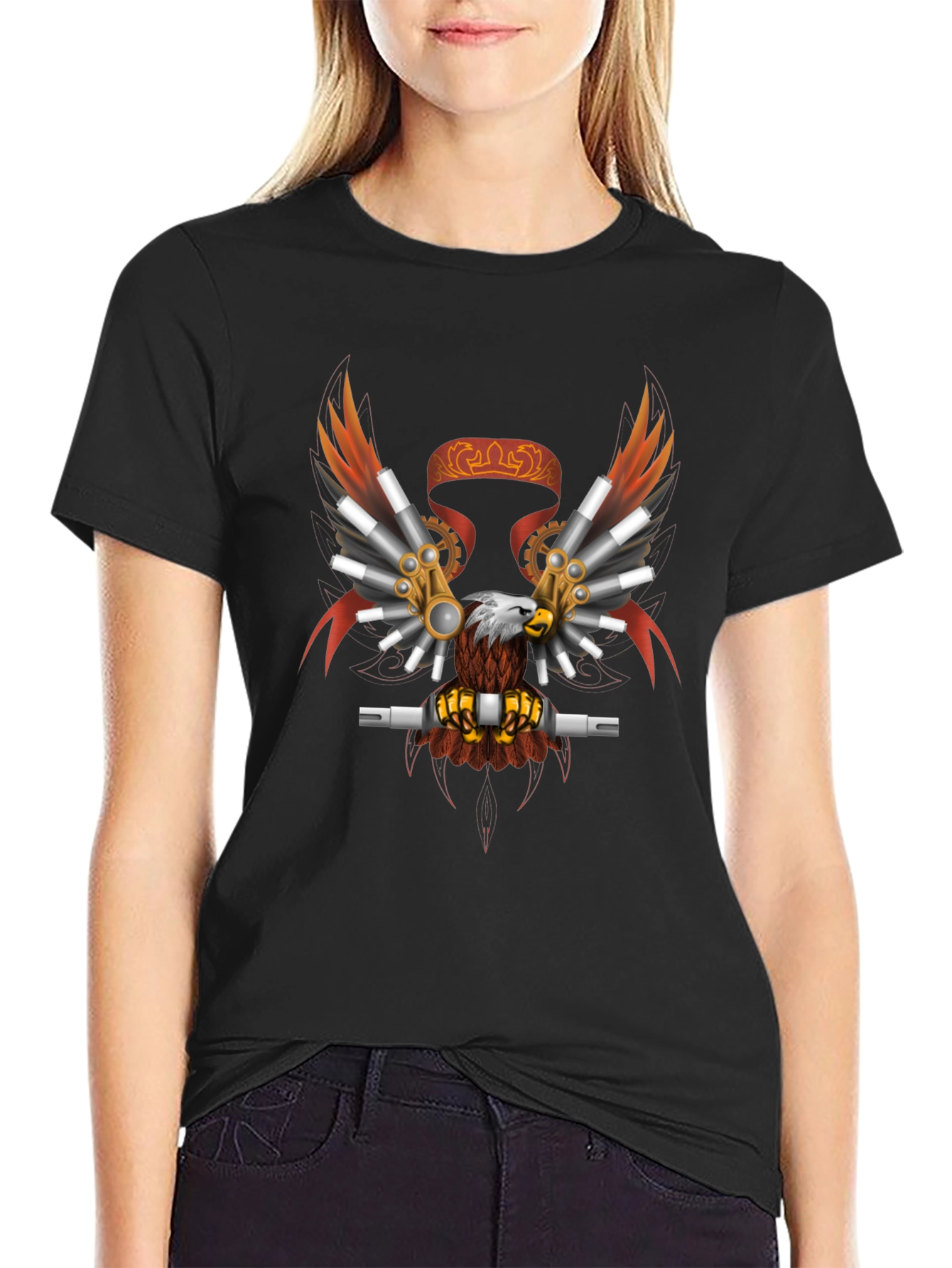 Black Steampunk Eagle Graphic Tee - Black Cotton Blend view 2