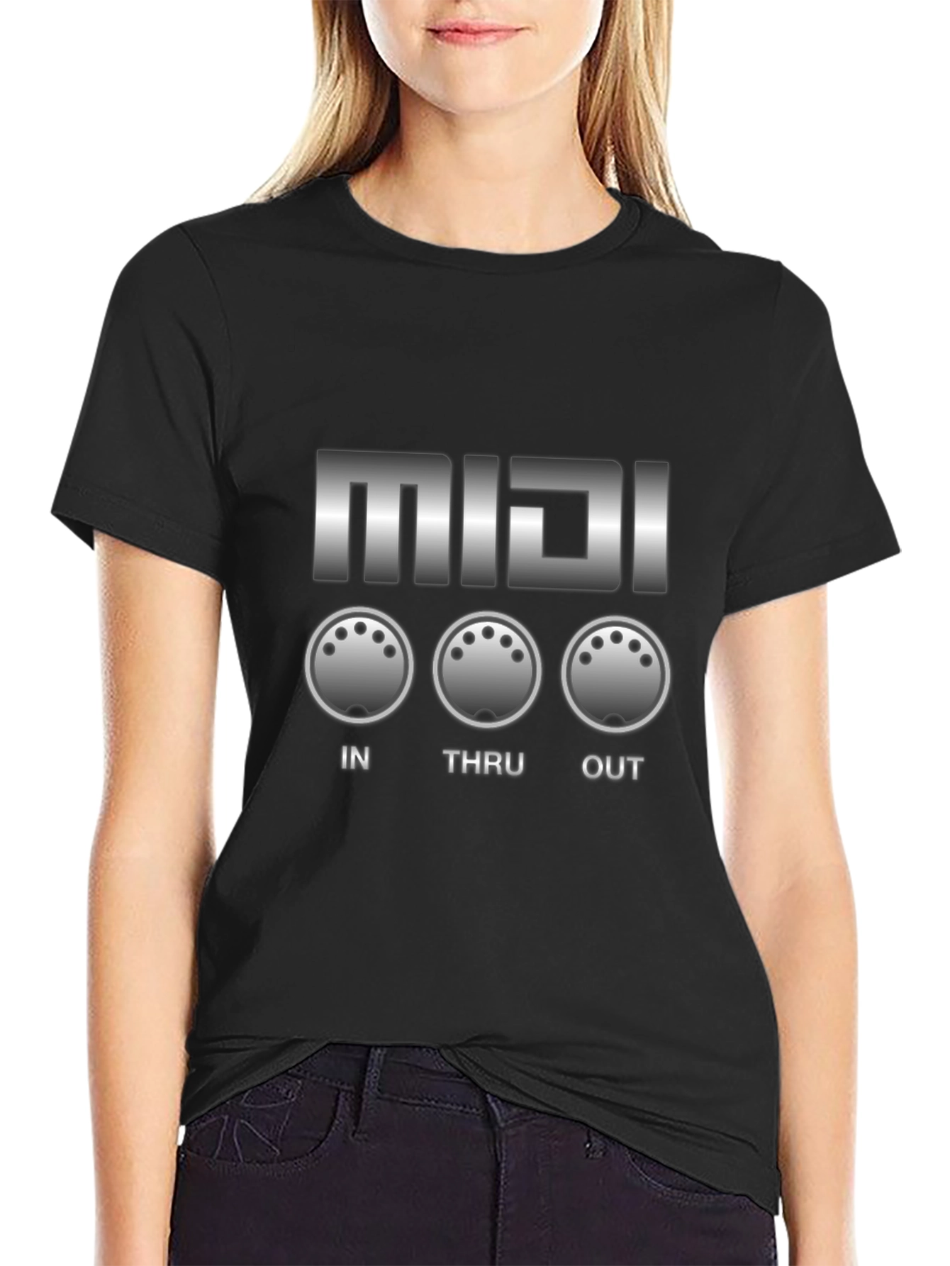 Black MIDI In Thru Out Music Producer T-Shirt view 2