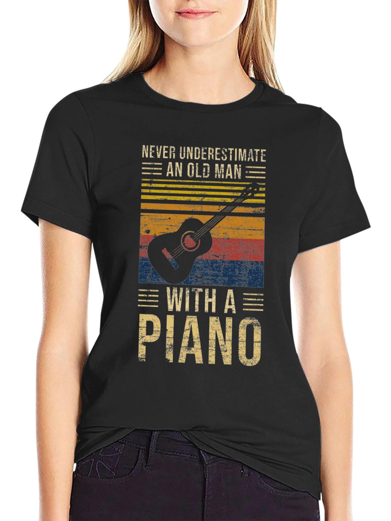 Black Never Underestimate Old Man with a Piano Graphic T-Shirt view 2