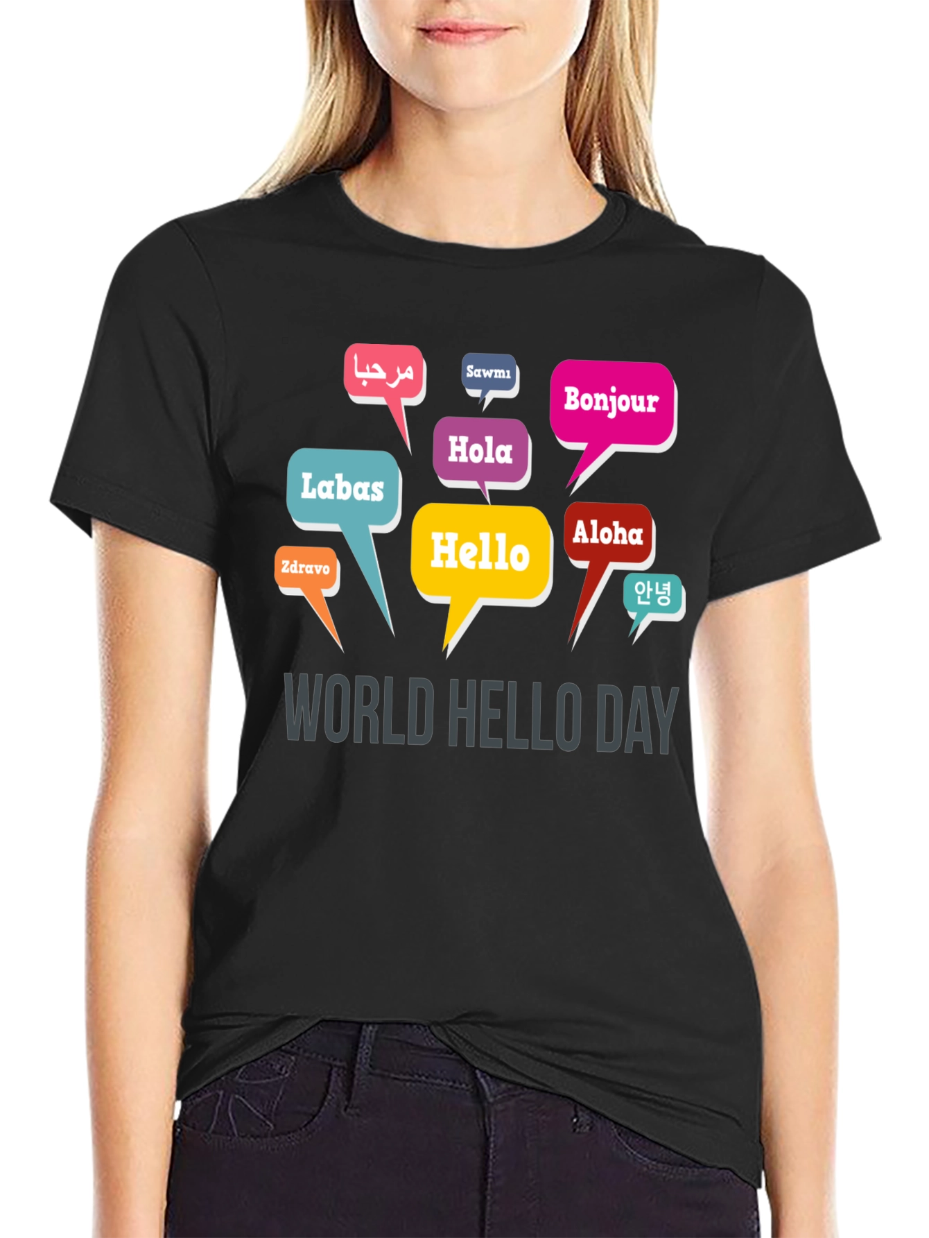 Black World Hello Day T-Shirt - Multilingual Greetings view 2