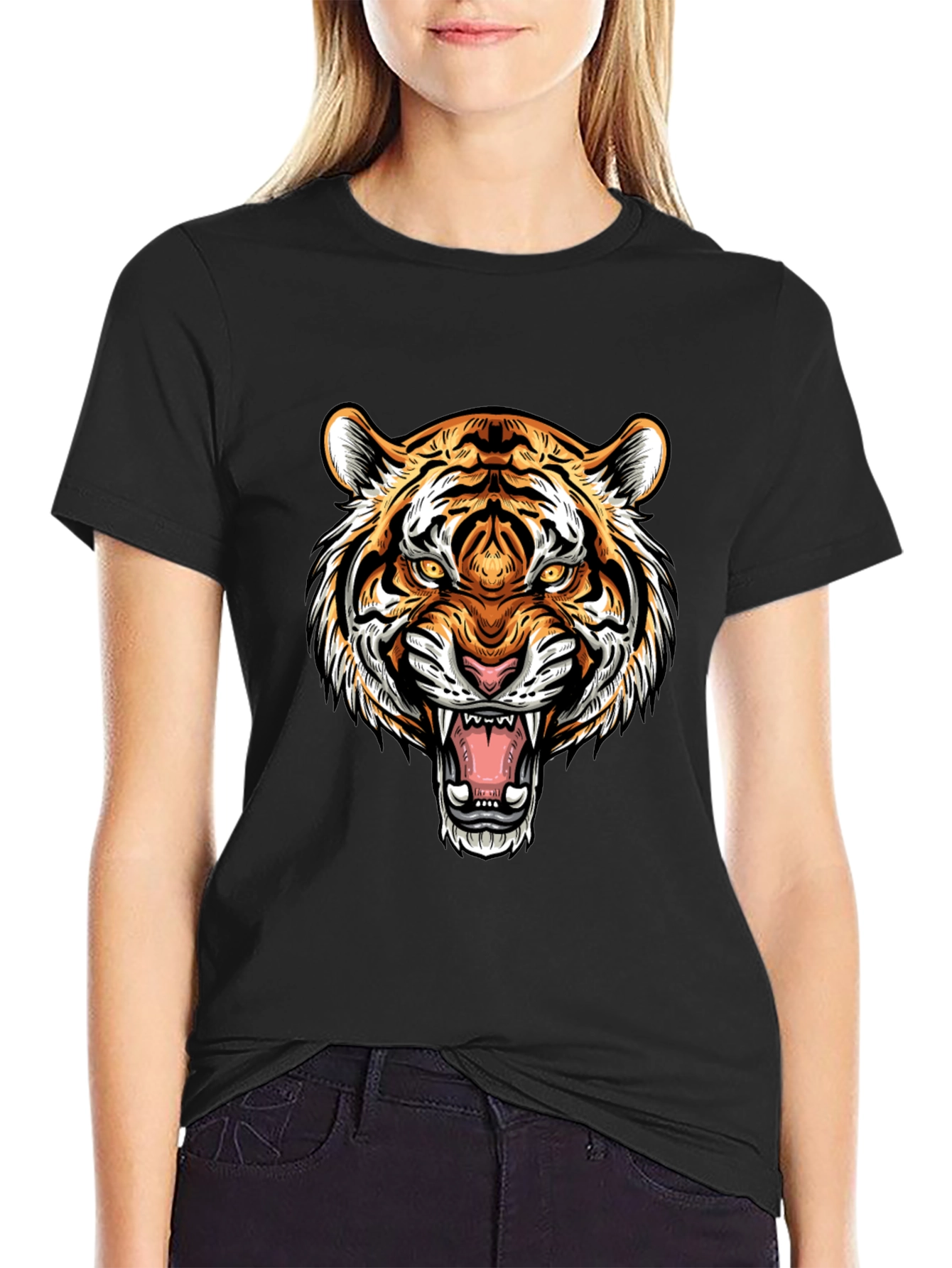 Black Roaring Tiger Graphic Tee - Black Cotton T-Shirt view 2
