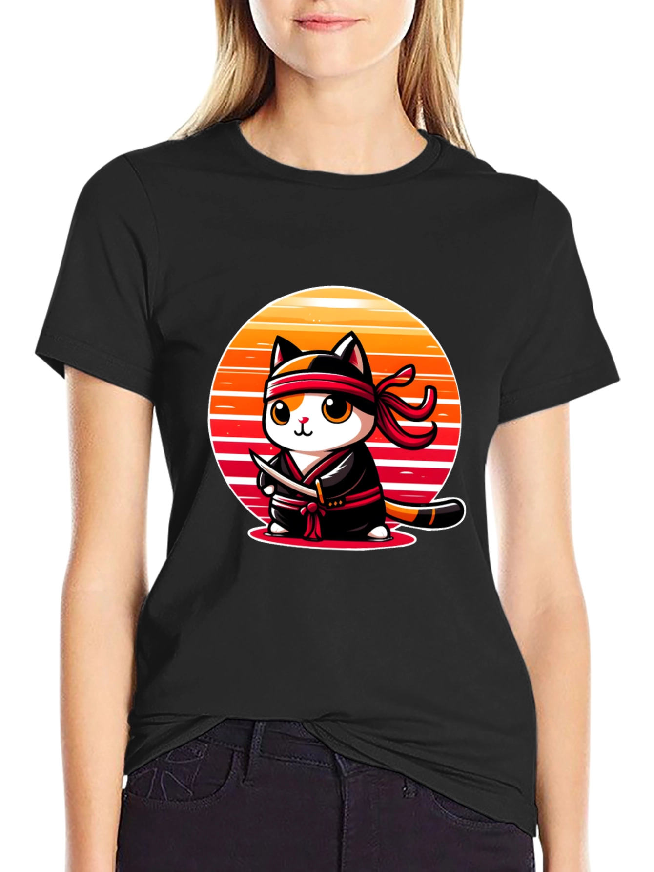 Black Ninja Cat T-Shirt: Sunset Samurai Kitten view 2