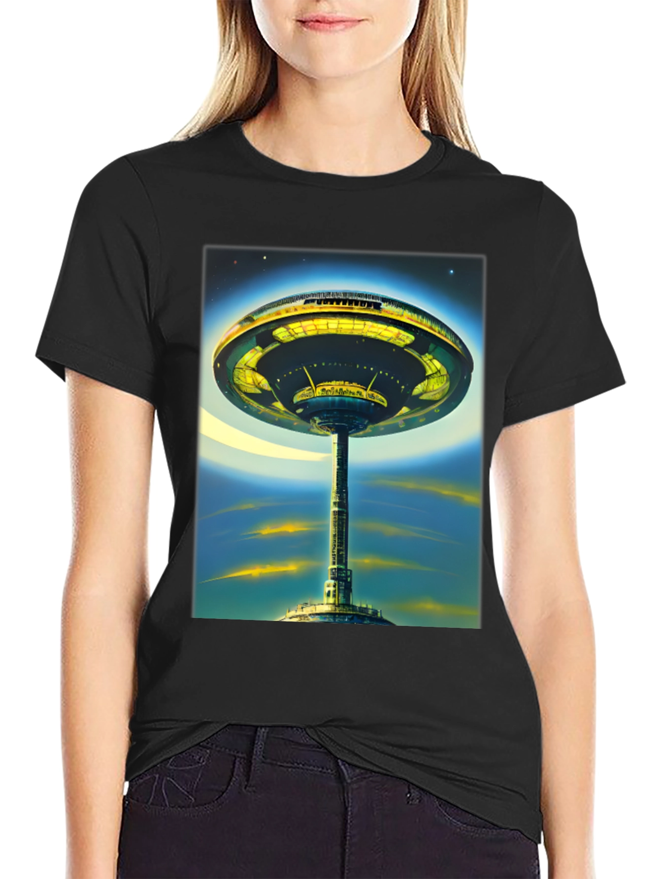 Black Futuristic Cityscape Graphic Tee - Sci-Fi Style view 2