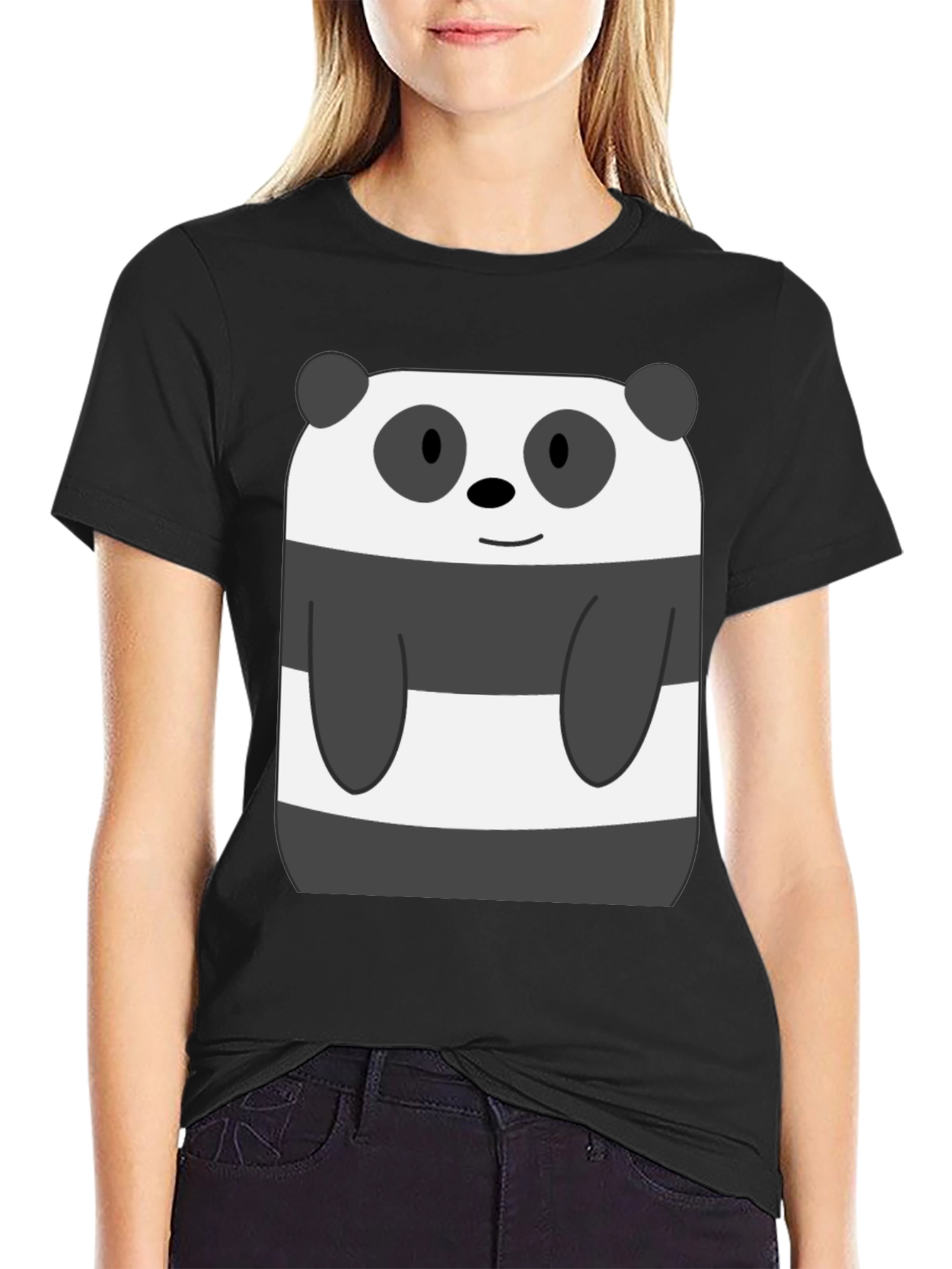 Black Cartoon Panda Bear Graphic Black T-Shirt view 2