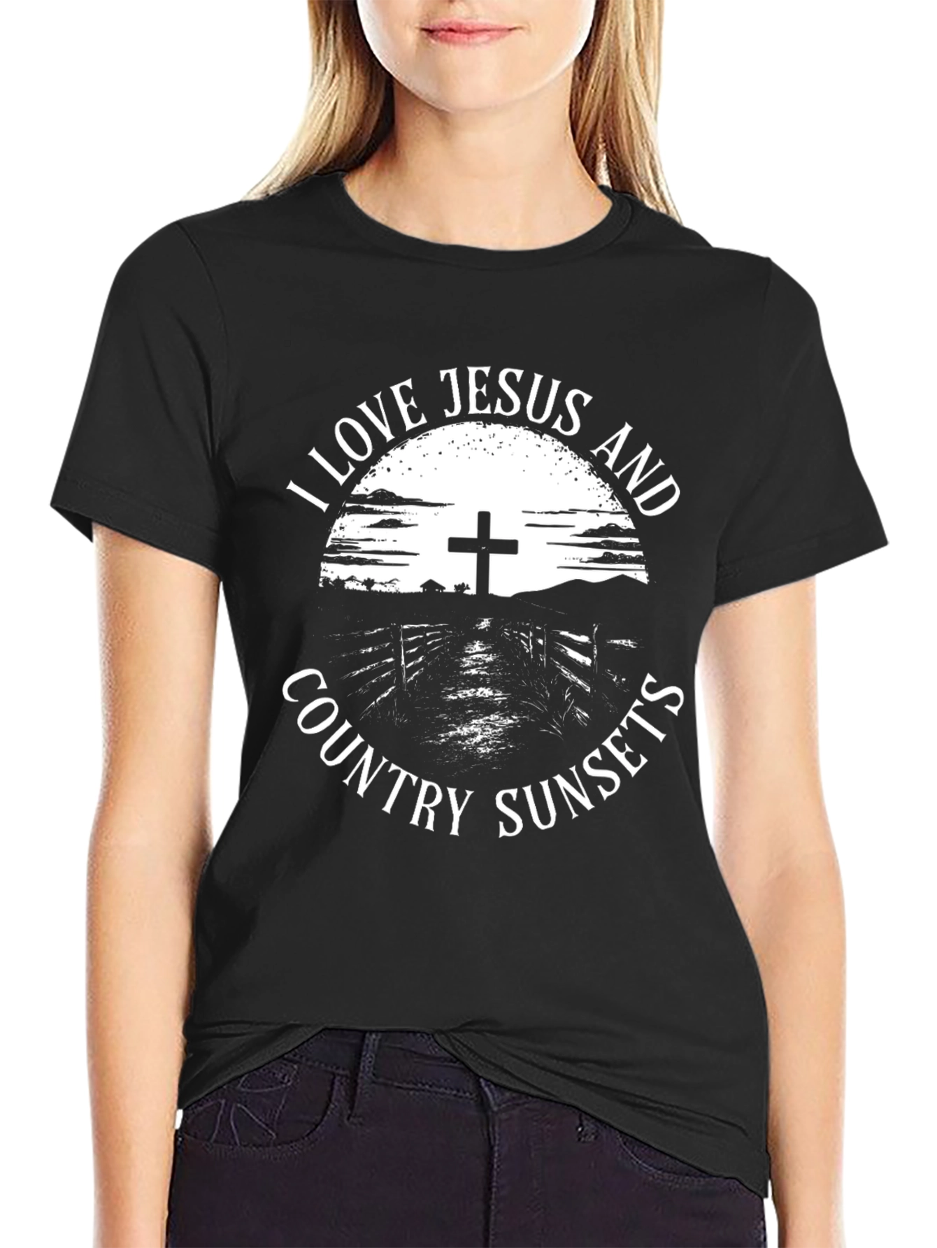 Black I Love Jesus and Country Sunsets Graphic Tee view 2
