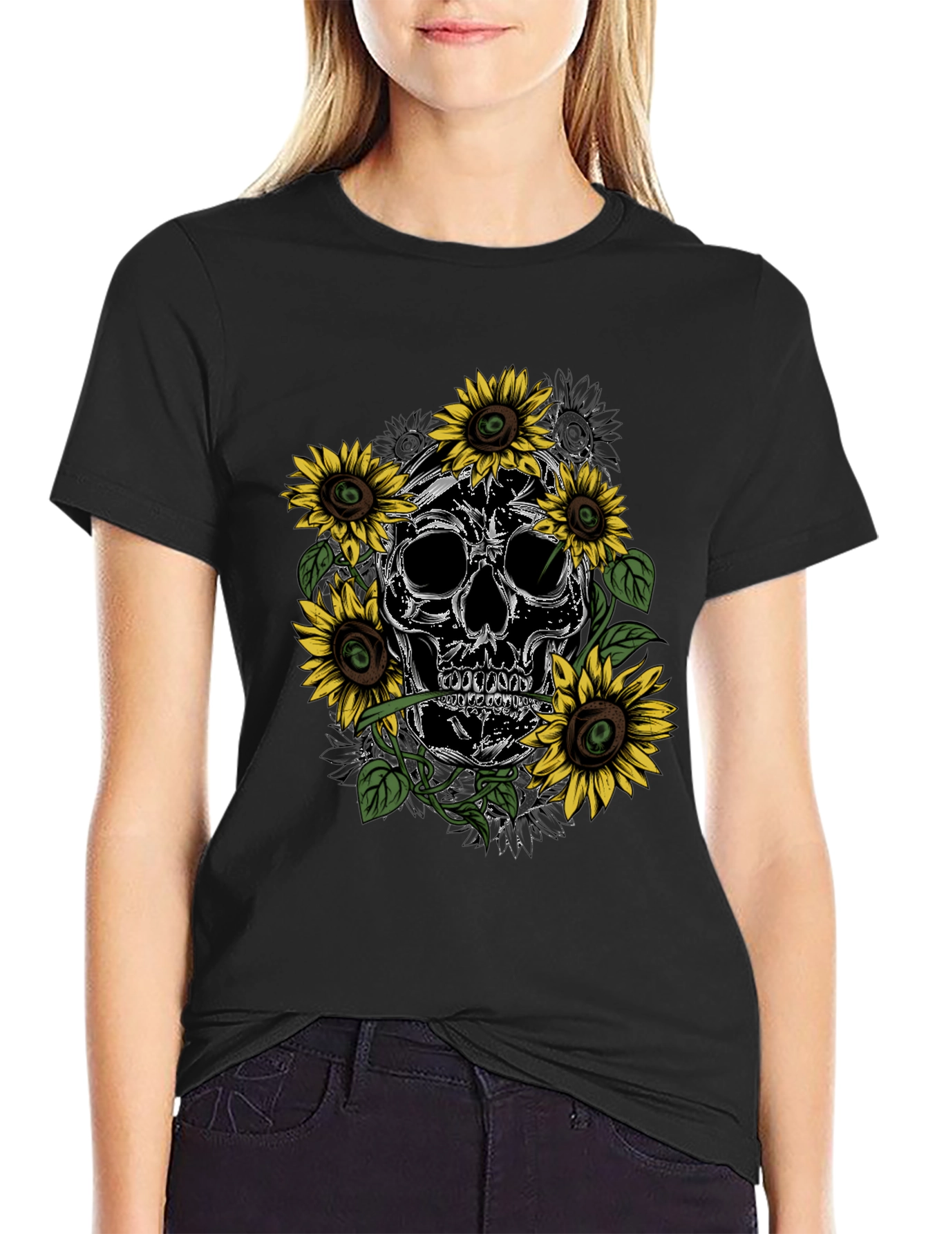 Black Skull & Sunflower Graphic Tee - Men's Black T-Shirt view 2
