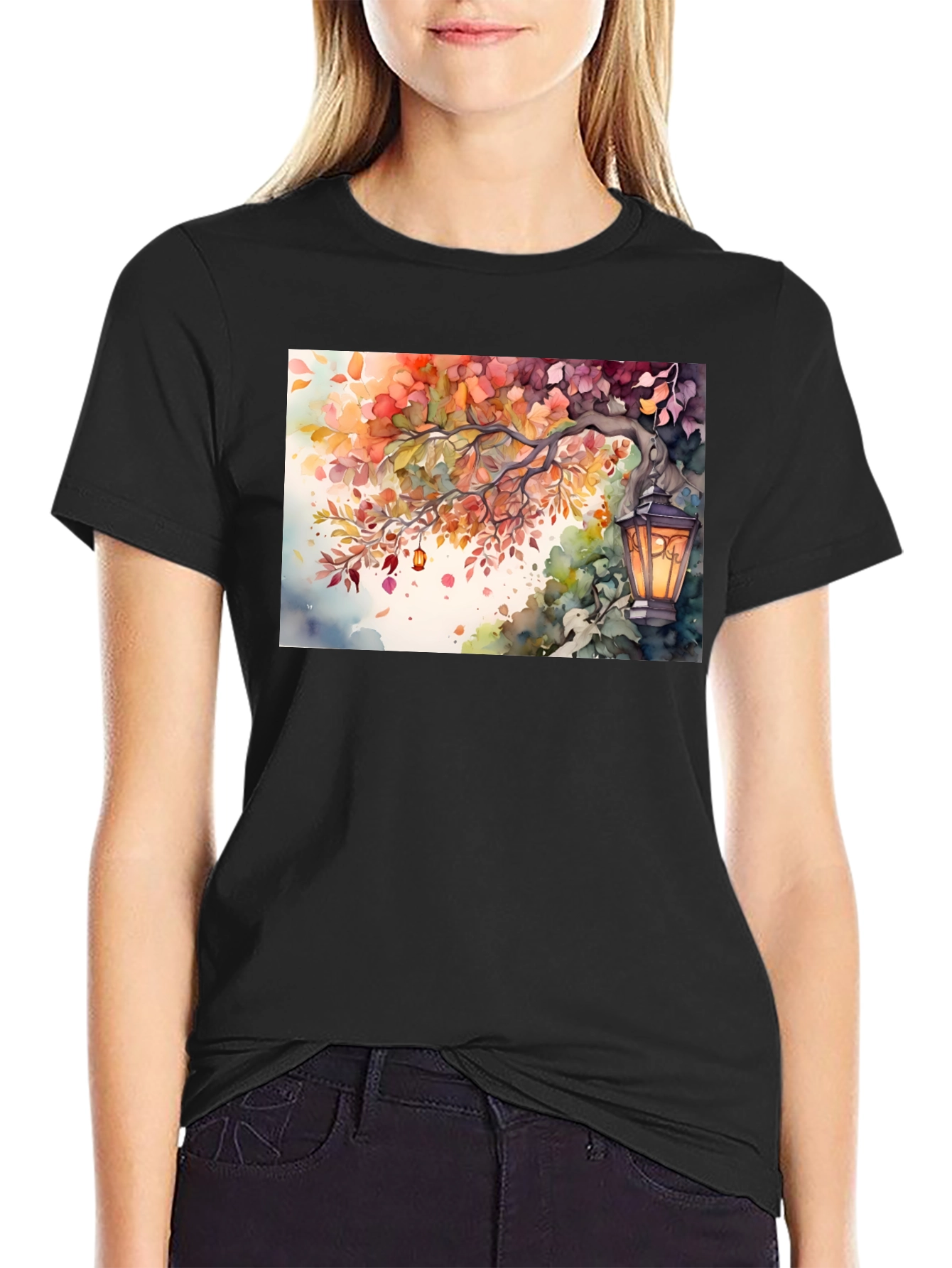 Black Watercolor Autumn Scene T-Shirt view 2