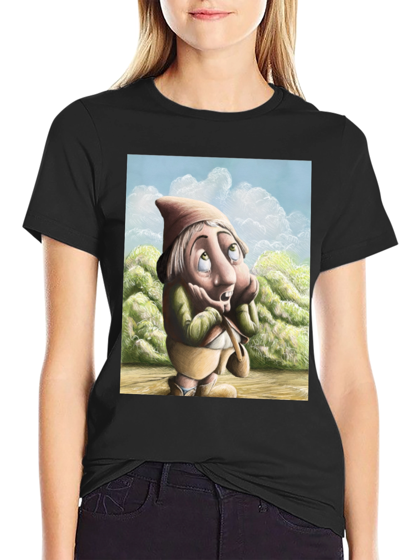 Black Whimsical Gnome T-Shirt - Unique Cartoon Design view 2
