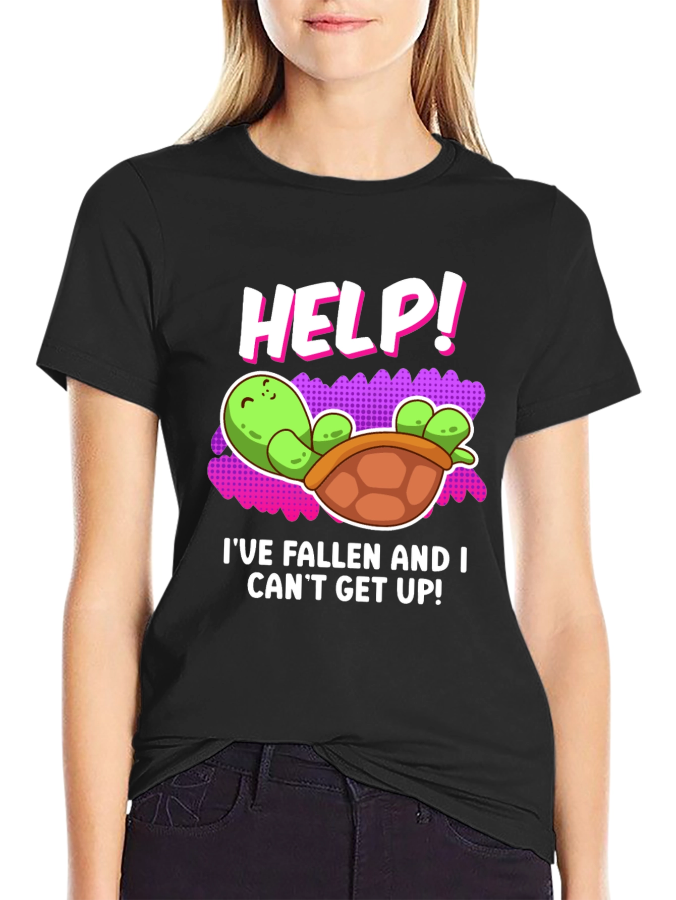 Black Help! Turtle T-Shirt - Funny Fallen Turtle Design view 2