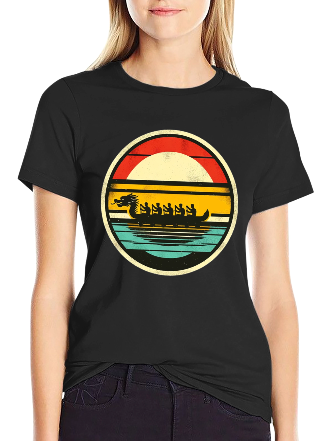 Black Dragon Boat Retro T-Shirt view 2