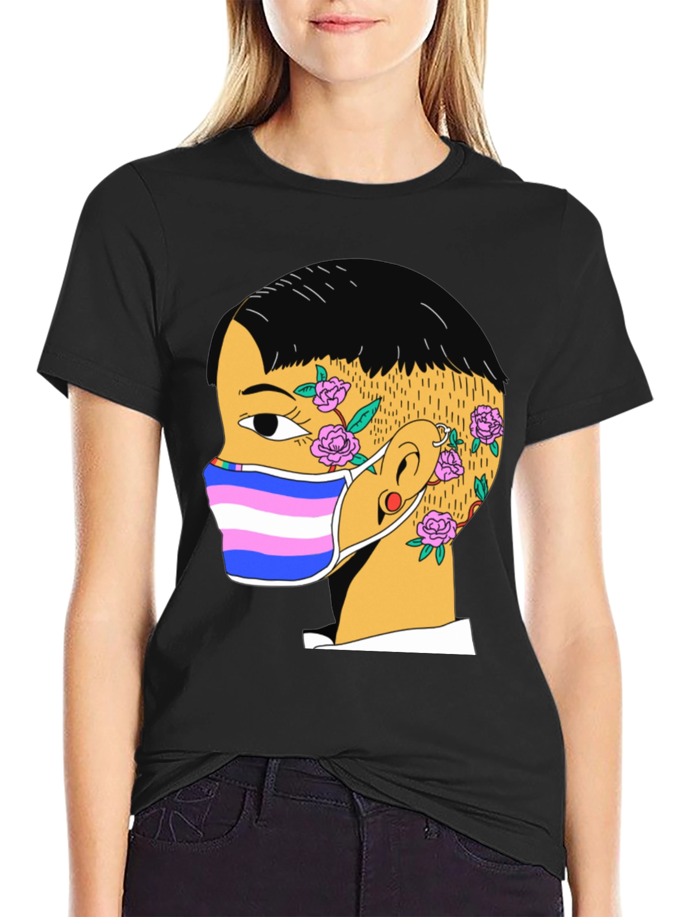 Black Graphic Tee with Trans Pride Mask Design view 2