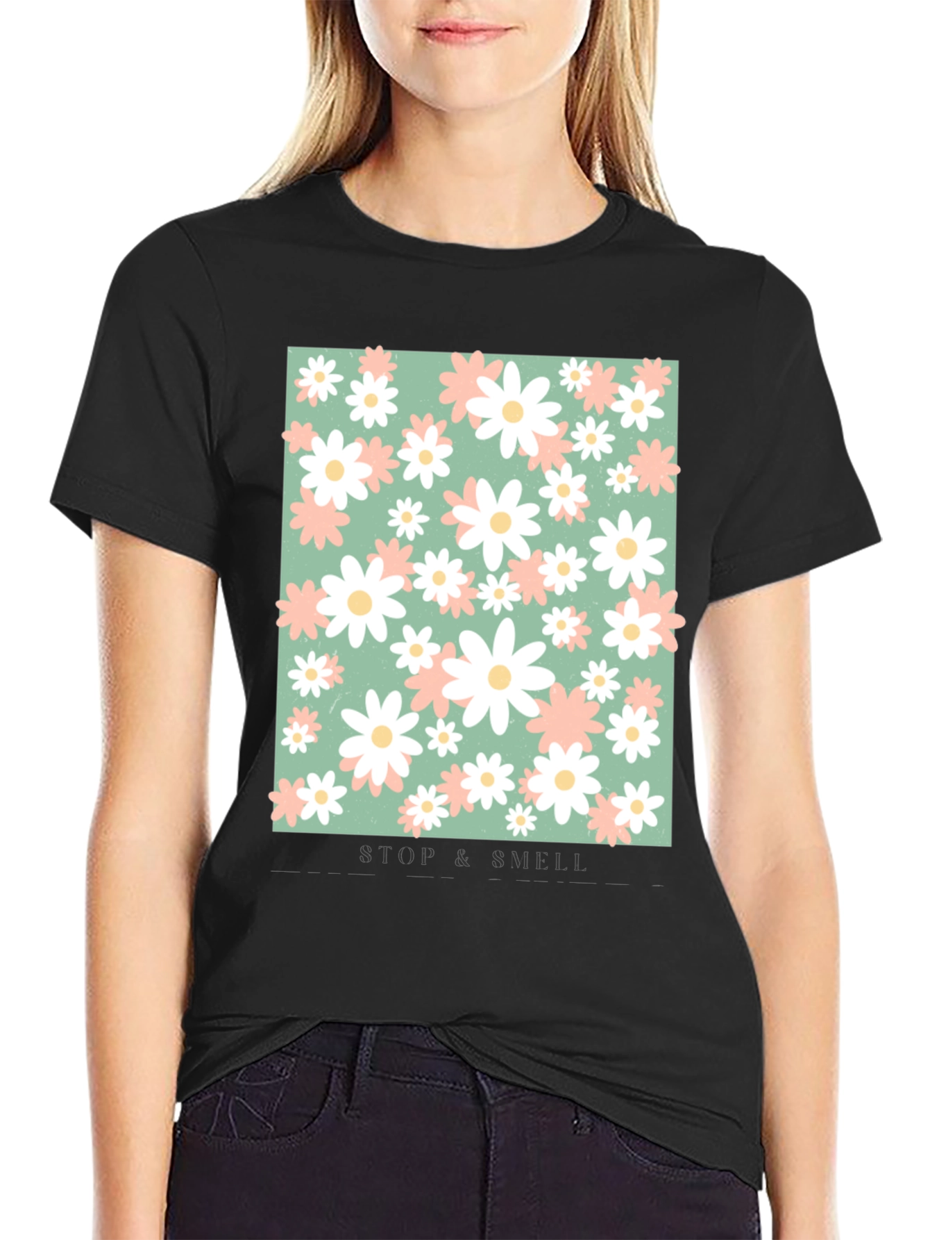 Black Floral Print T-Shirt - Stop and Smell the Flowers view 2