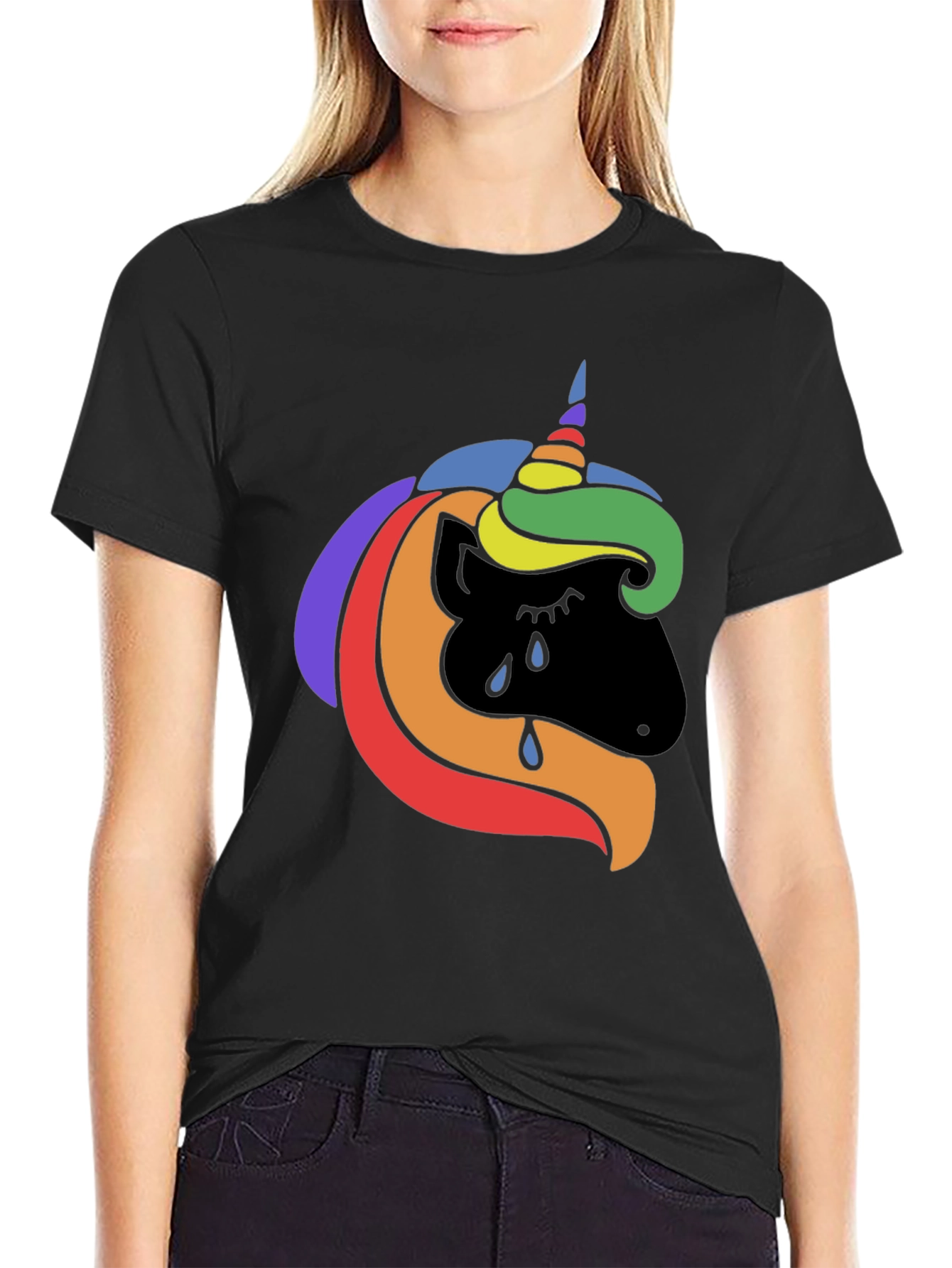 Black Rainbow Unicorn Crying Black T-Shirt view 2