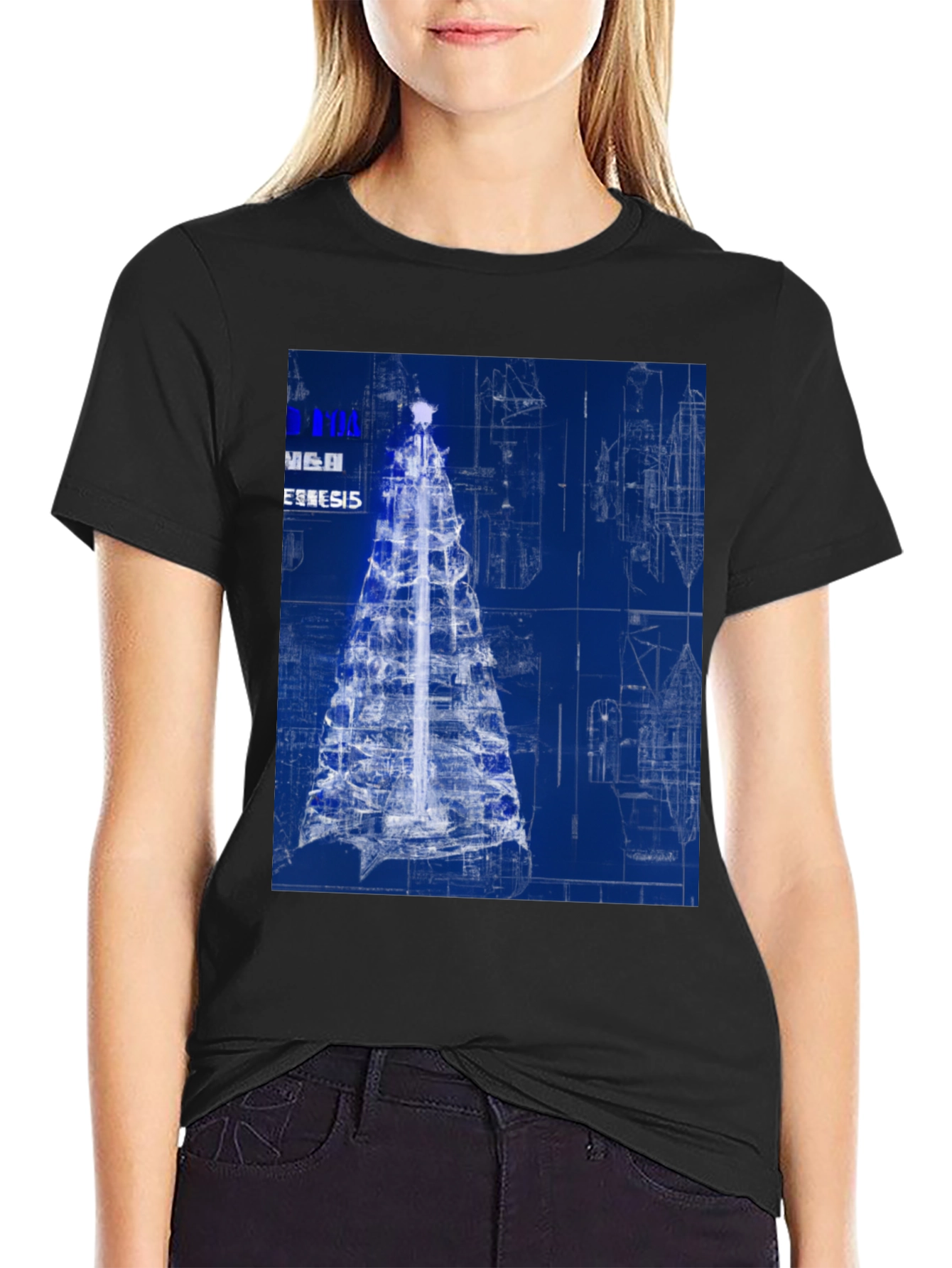 Black Blueprint Christmas Tree Graphic Tee view 2