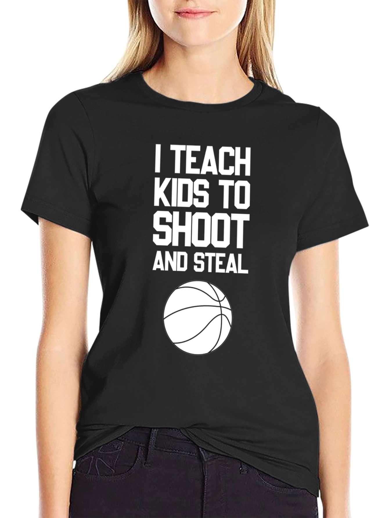 Black I Teach Kids to Shoot and Steal T-Shirt - Basketball Coach Tee view 2