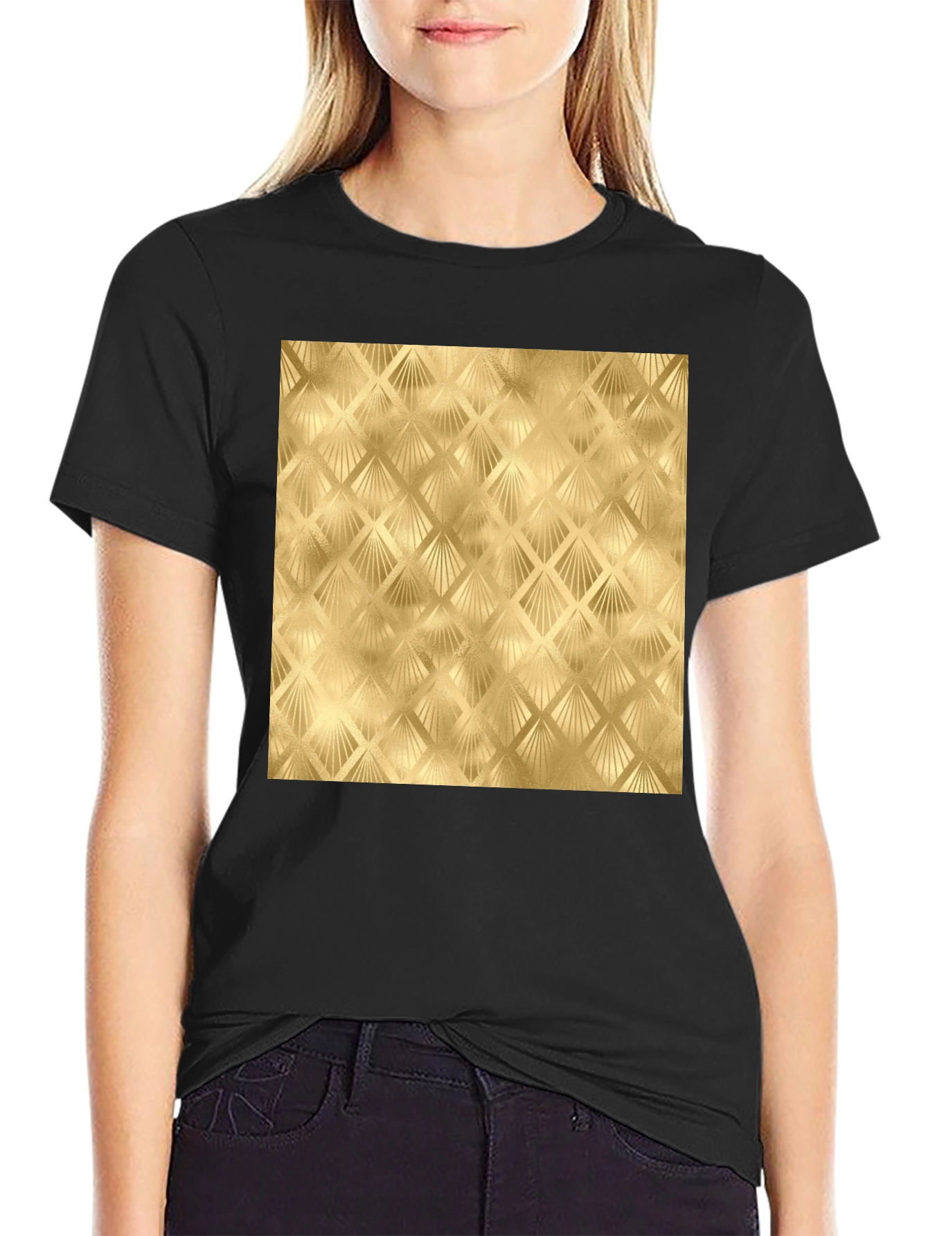 Black Golden Art Deco Pattern Black T-Shirt view 2