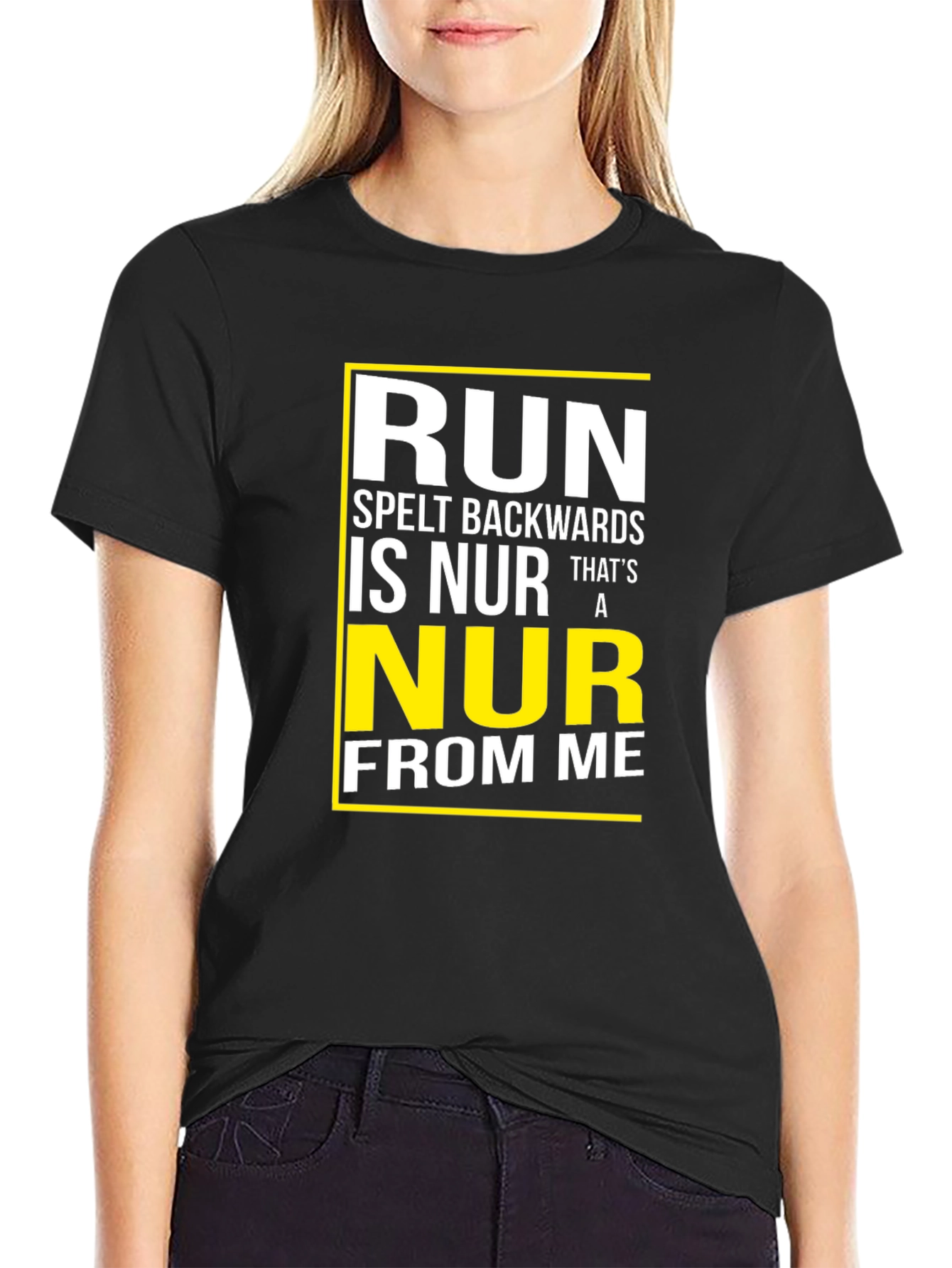 Black Run Spelt Backwards Graphic T-Shirt - Funny Run Away From Me Tee view 2