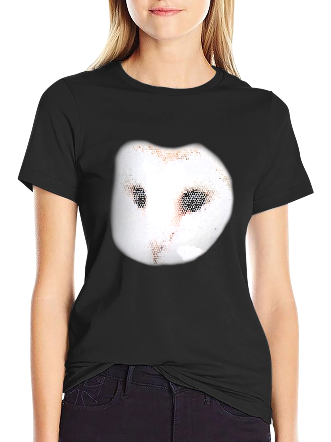 Black Unique Owl Mask Graphic Tee - Casual Black T-Shirt view 2