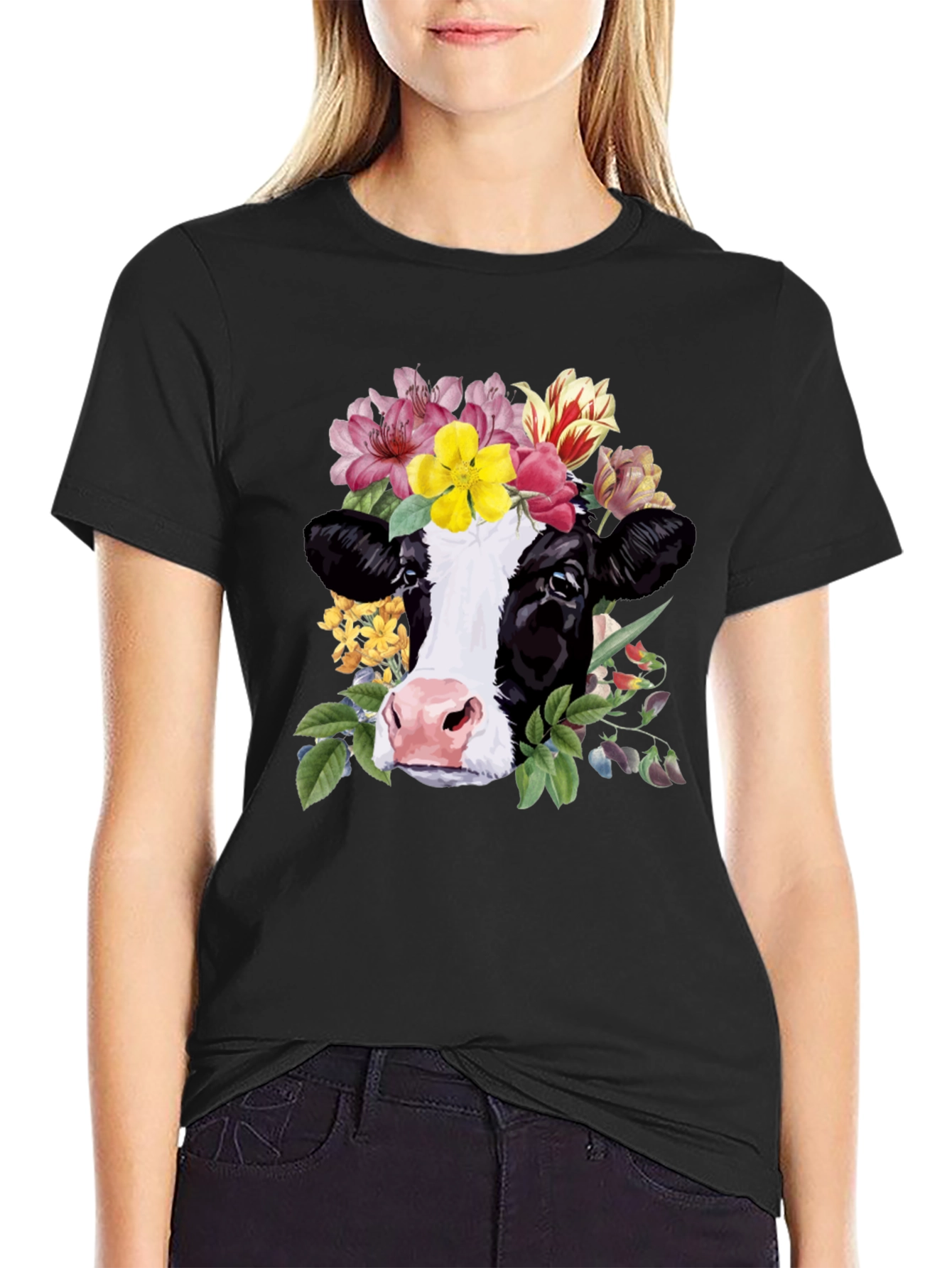 Black Floral Cow Graphic Tee - Unisex Black T-Shirt view 2