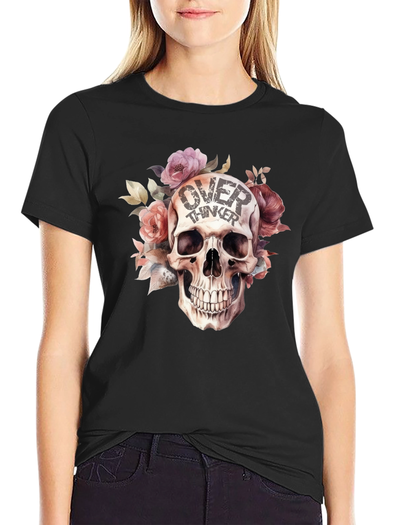 Black Over Thinker Skull Graphic T-Shirt - Stylish Floral Design view 2