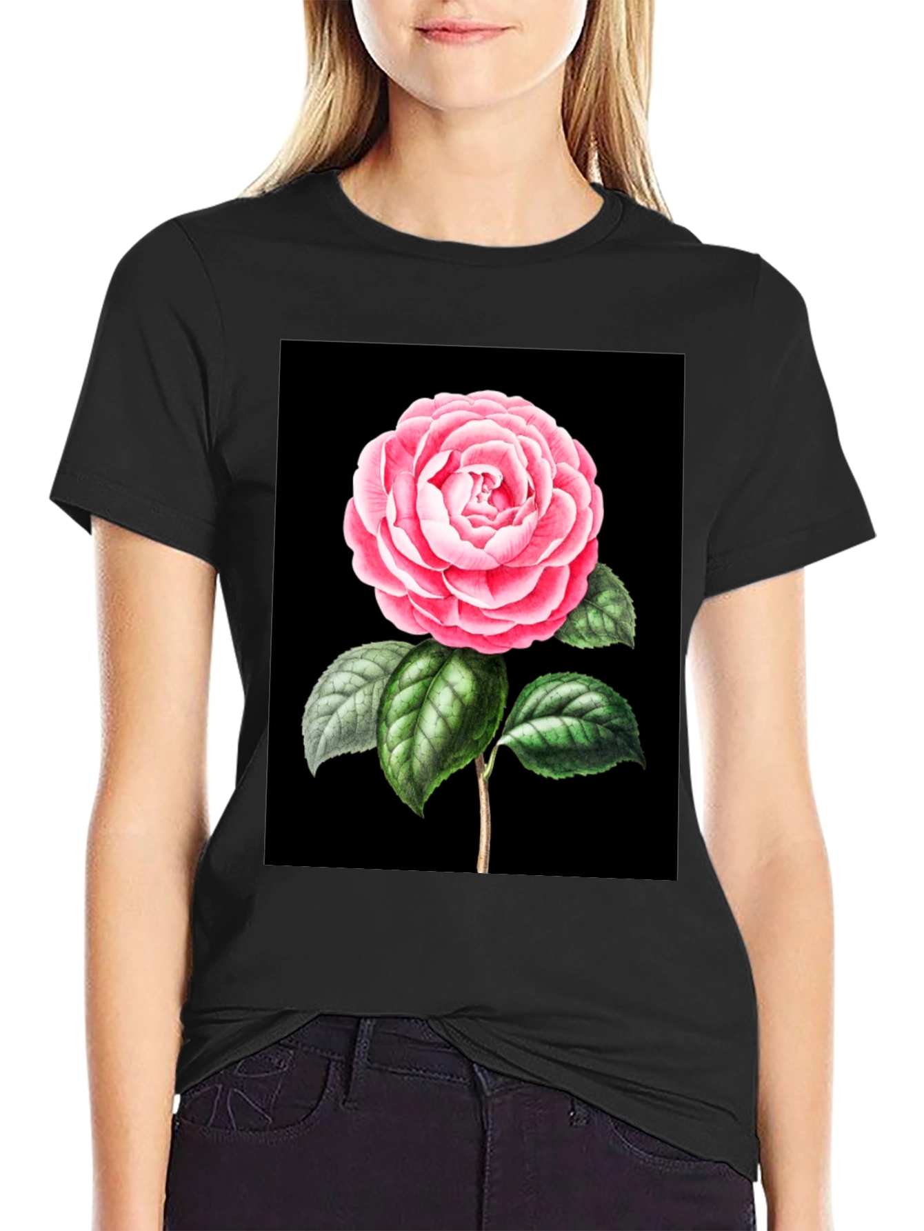 Black Elegant Rose Graphic Tee - Black Cotton Blend view 2