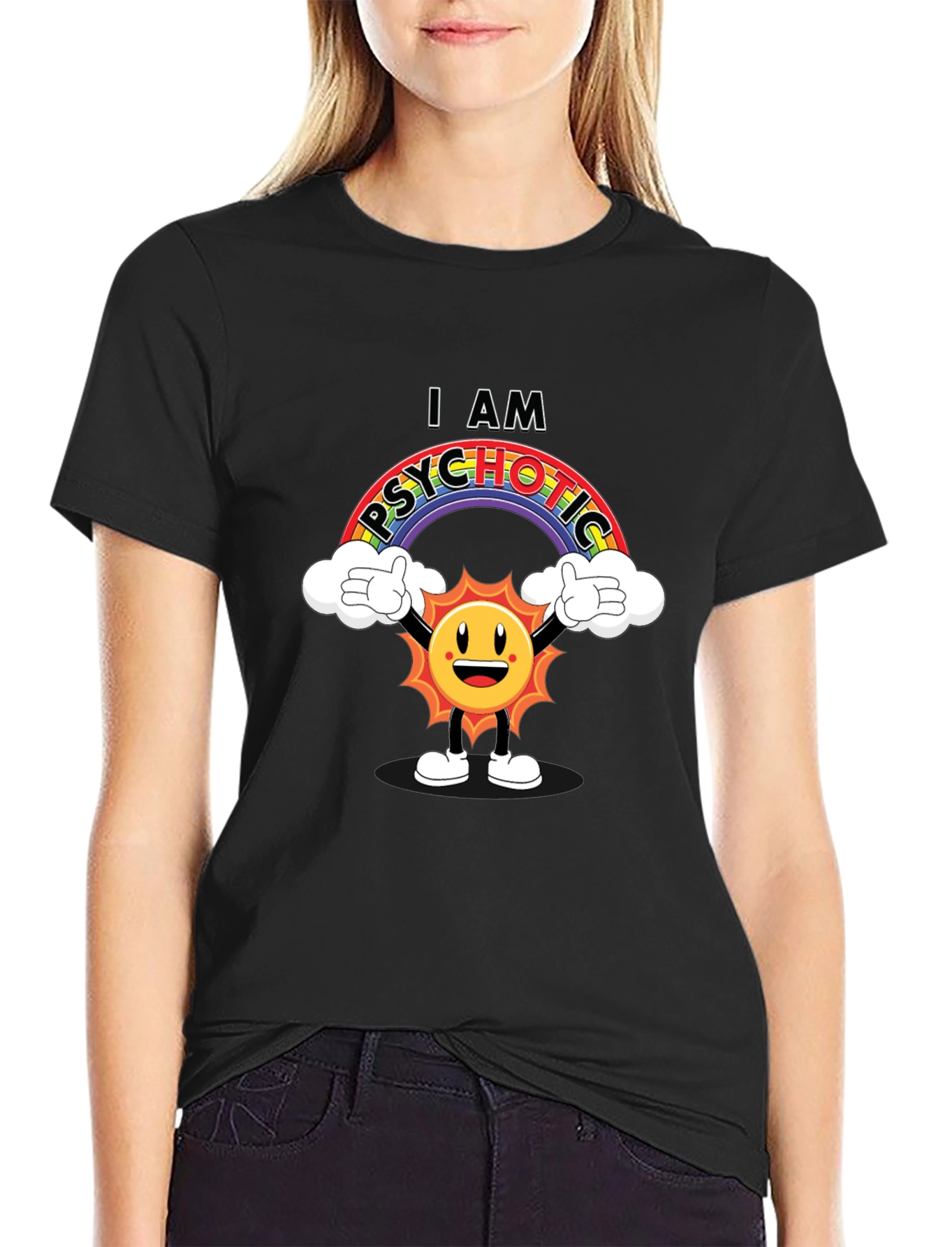 Black I Am Psychotic T-Shirt - Rainbow Sun Graphic Tee view 2