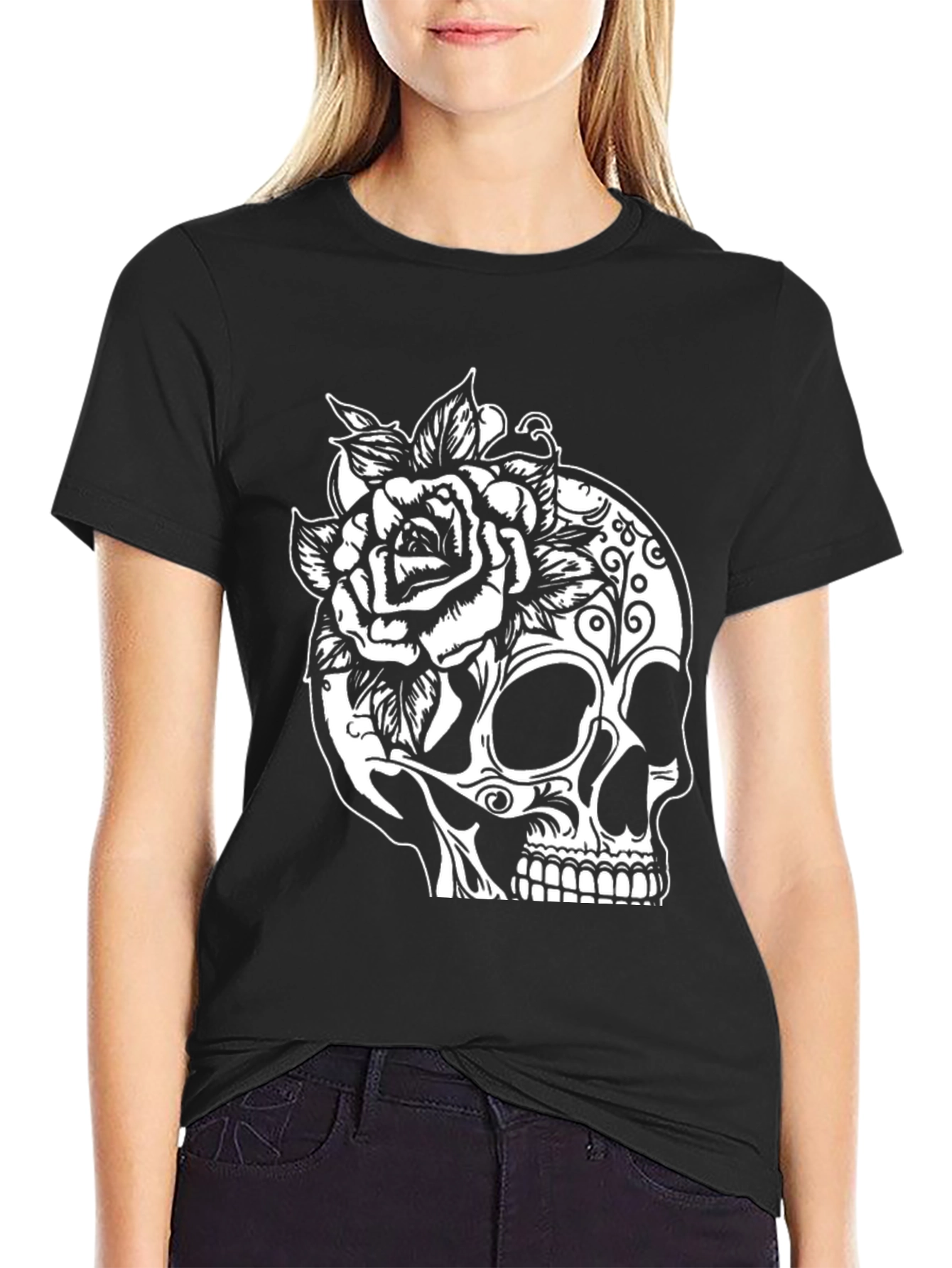 Black Skull & Rose Graphic Tee - Gothic Style view 2