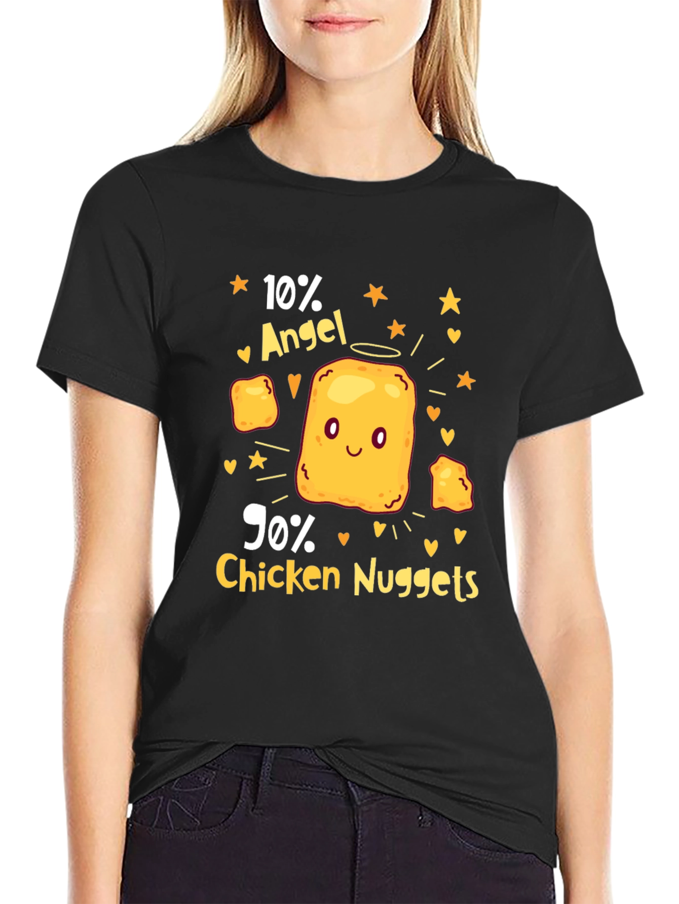 Black Funny 10% Angel 90% Chicken Nuggets Black T-Shirt view 2