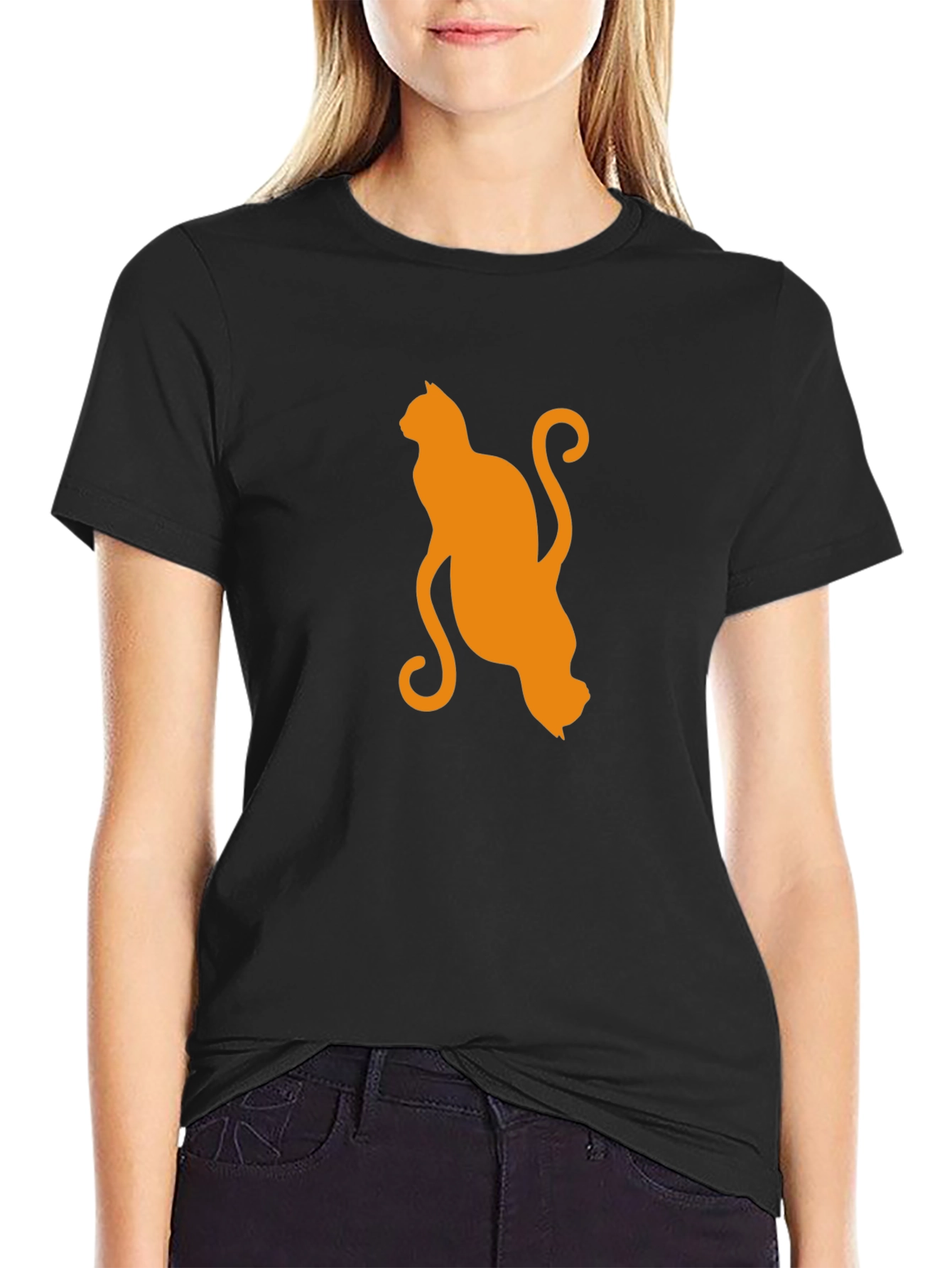 Black Orange Cat Silhouette Black T-Shirt view 2