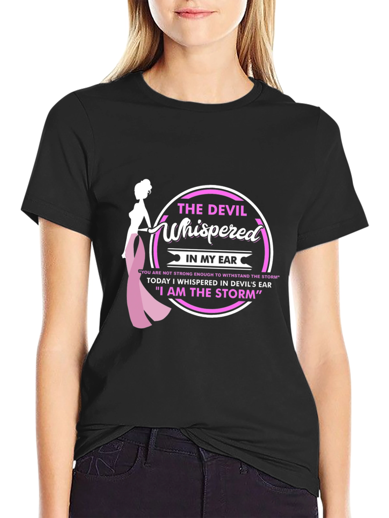Black The Devil Whispered T-Shirt - Breast Cancer Awareness view 2