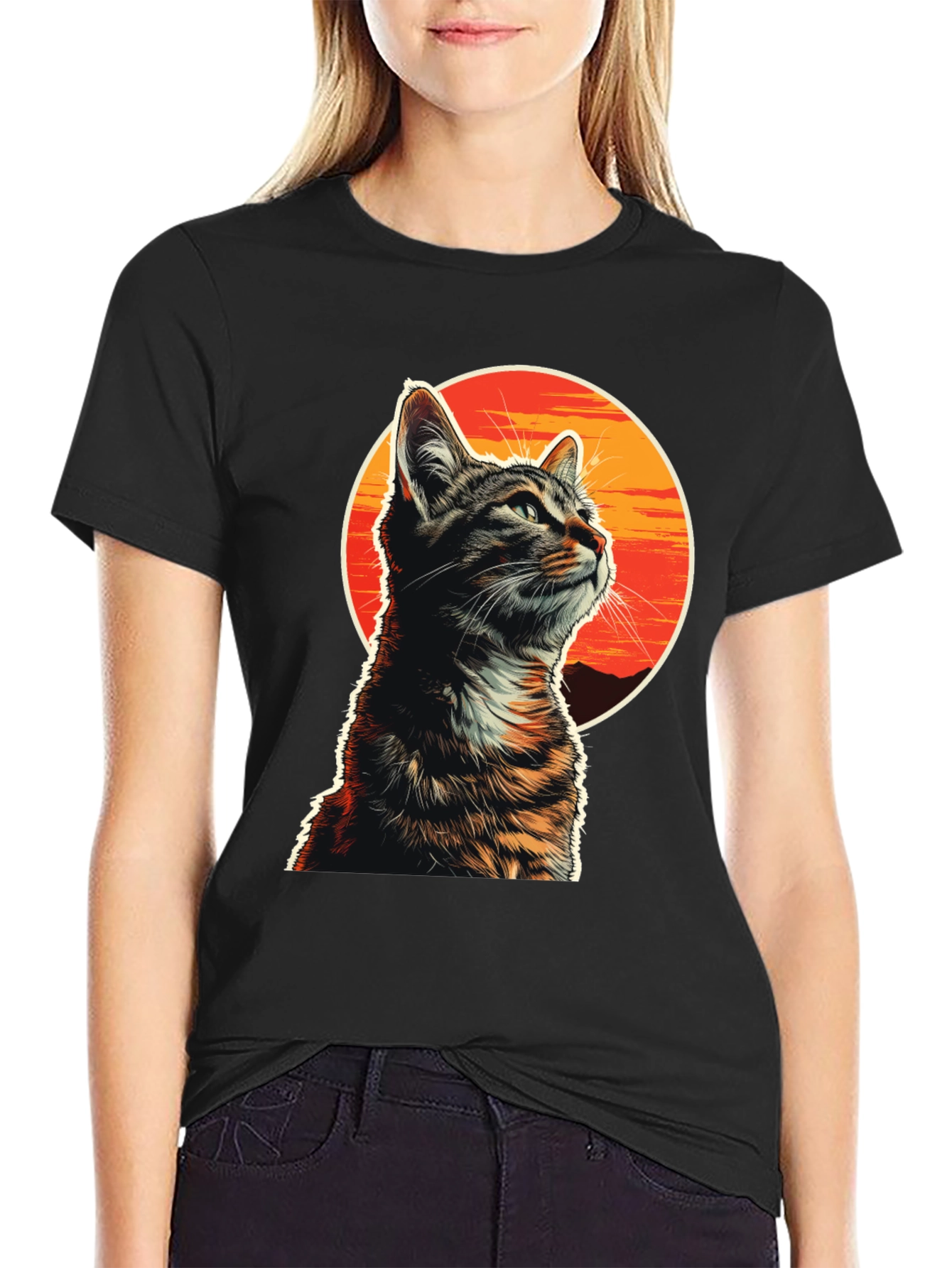 Black Sunset Cat Graphic T-Shirt - Unique Design view 2