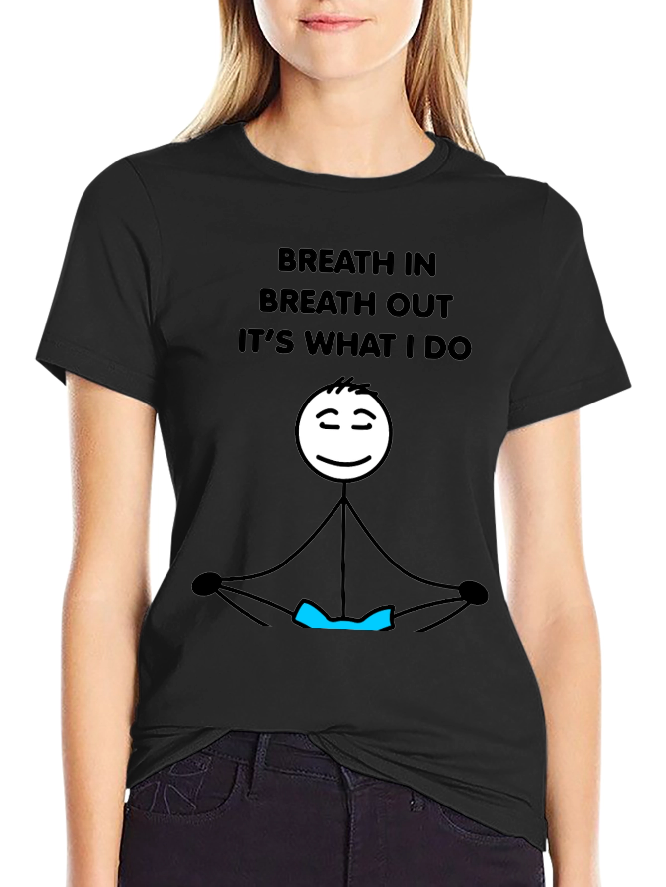 Black Breathe In Breathe Out Funny Yoga Meditation Stick Figure T-Shirt view 2