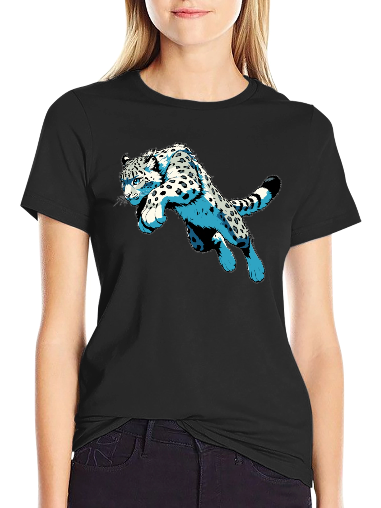 Black Snow Leopard Graphic Print Black T-Shirt view 2